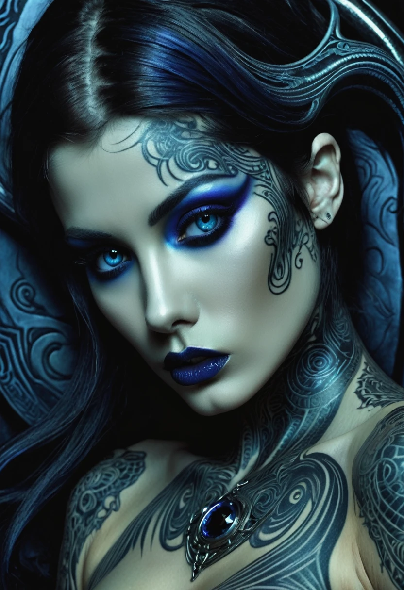 Hr giger tattooed sexy seductive dead girl. Sapphire eyes,