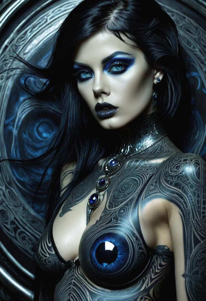 Hr giger tattooed sexy seductive dead girl. Sapphire eyes,