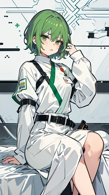 masterpiece,1 girl,alone,Biting hand with mouth,Short Hair,Green Hair,Restraints,Long sleeve,Moe sleeves,Both wrists are tied with a belt,Both ankles are handcuffed,White color hospital uniform,,Glaring in frustration,anger