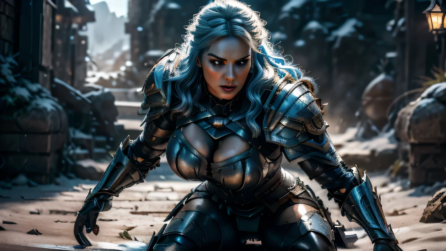 8K,asgard female warrior with very big breasts,Super beautiful(like the real thing),black very large chest armor,realistic skin,luxury black pants,Has a large, long black spear,sexy,muscular slim body,ripped abs,black shoulder armor,black waist armor,black leg armor,desert, rich colors, Backlight, cinematic lighting, film grain, RAW, 50mm lens,nikon D850,ultra high resolution,Super realistic,goddess,battle scene,action scene,action pose,shine a light on the face, long wavy blue hair, the Witcher, the Witcher armor, yennefer
