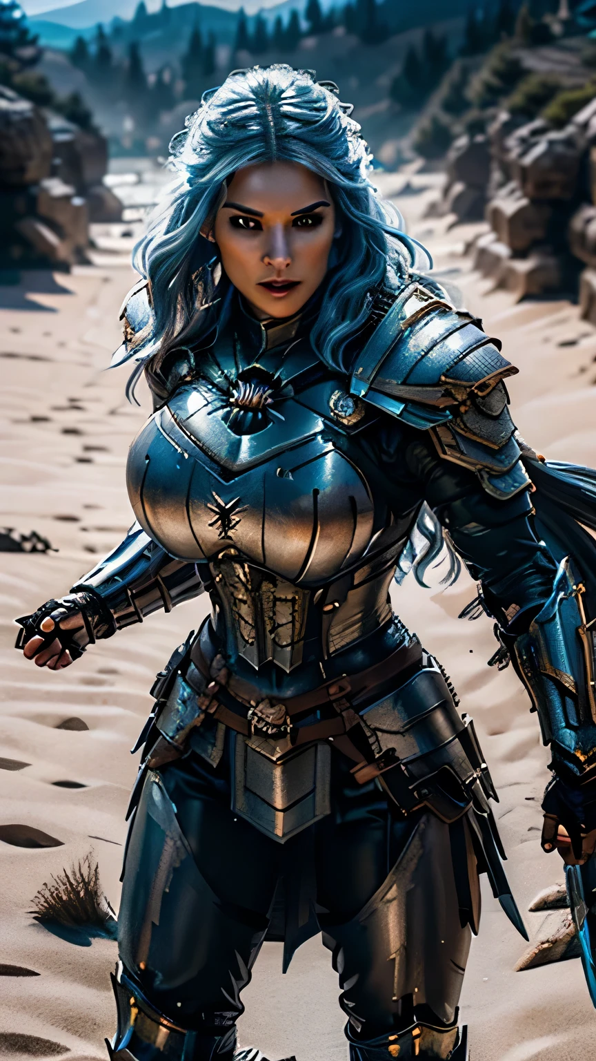 8K,asgard female warrior with very big breasts,Super beautiful(like the real thing),black very large chest armor,realistic skin,luxury black pants,Has a large, long black spear,sexy,muscular slim body,ripped abs,black shoulder armor,black waist armor,black leg armor,desert, rich colors, Backlight, cinematic lighting, film grain, RAW, 50mm lens,nikon　D850,ultra high resolution,Super realistic,goddess,battle scene,action scene,action pose,shine a light on the face, long wavy blue hair, the Witcher, the Witcher armor, yennefer