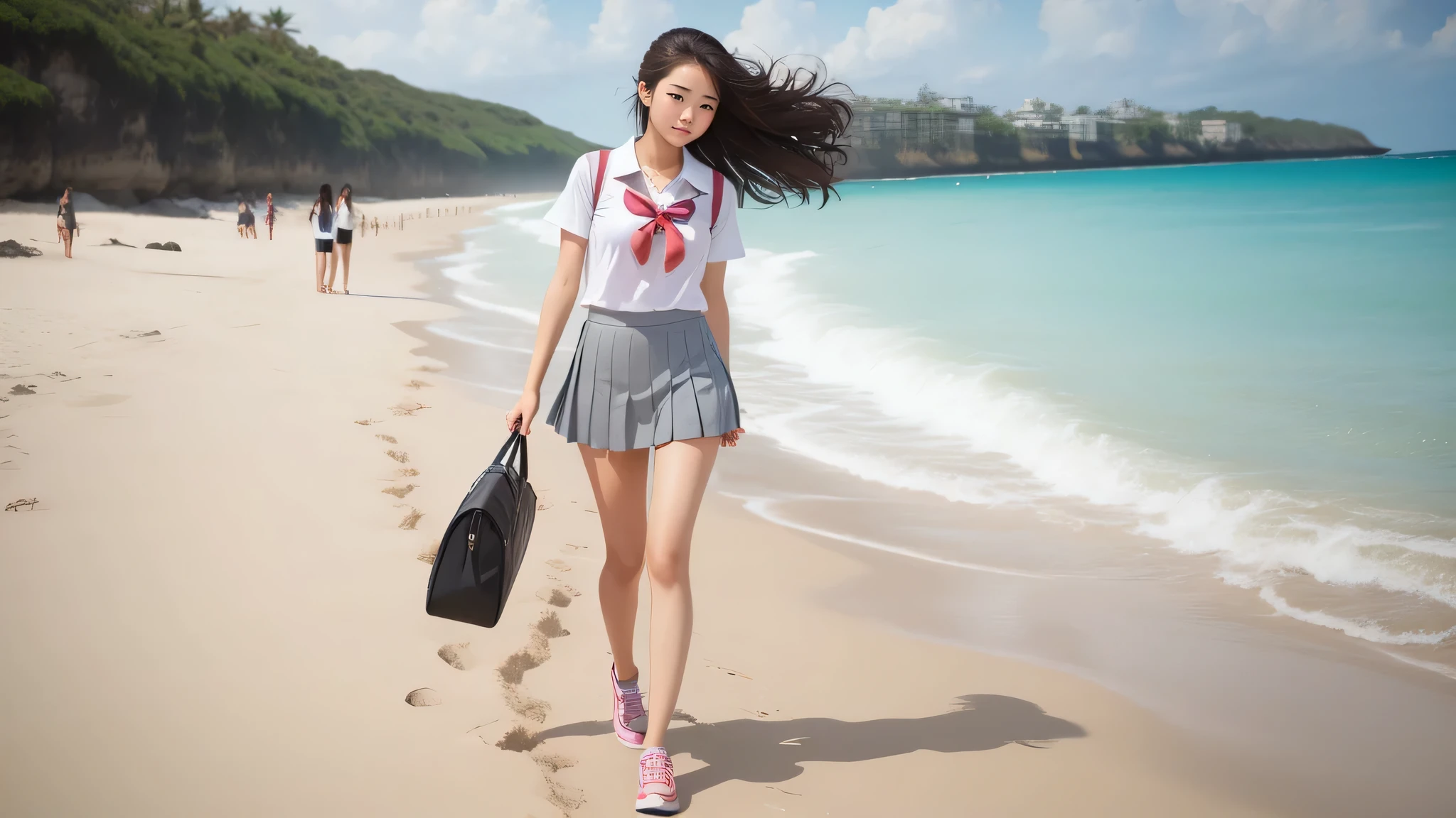 A high school girl walking on the beach、Side Up、Sexy hairstyle、Grey pleated skirt