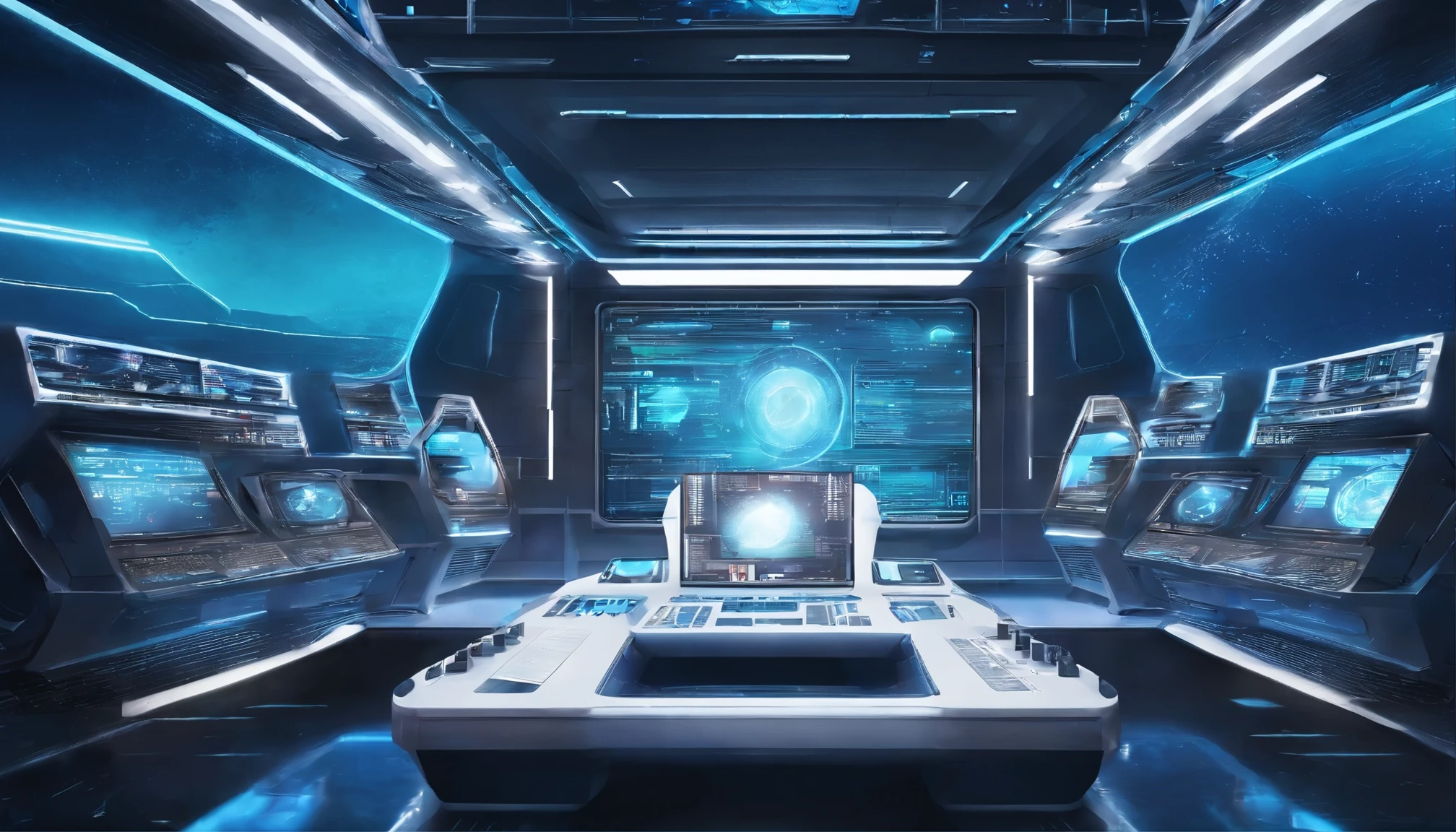 blue azure tones inside a futuristic control room, reflection display, sound alarm, Azure light, galaxy hologram sphere, large window in the control room, realism, Super Detail, ultra HD, Metallic texture, Metal wear, cinematic lighting, conceptual art, futurism, High detail, cinematic lighting, Close-up