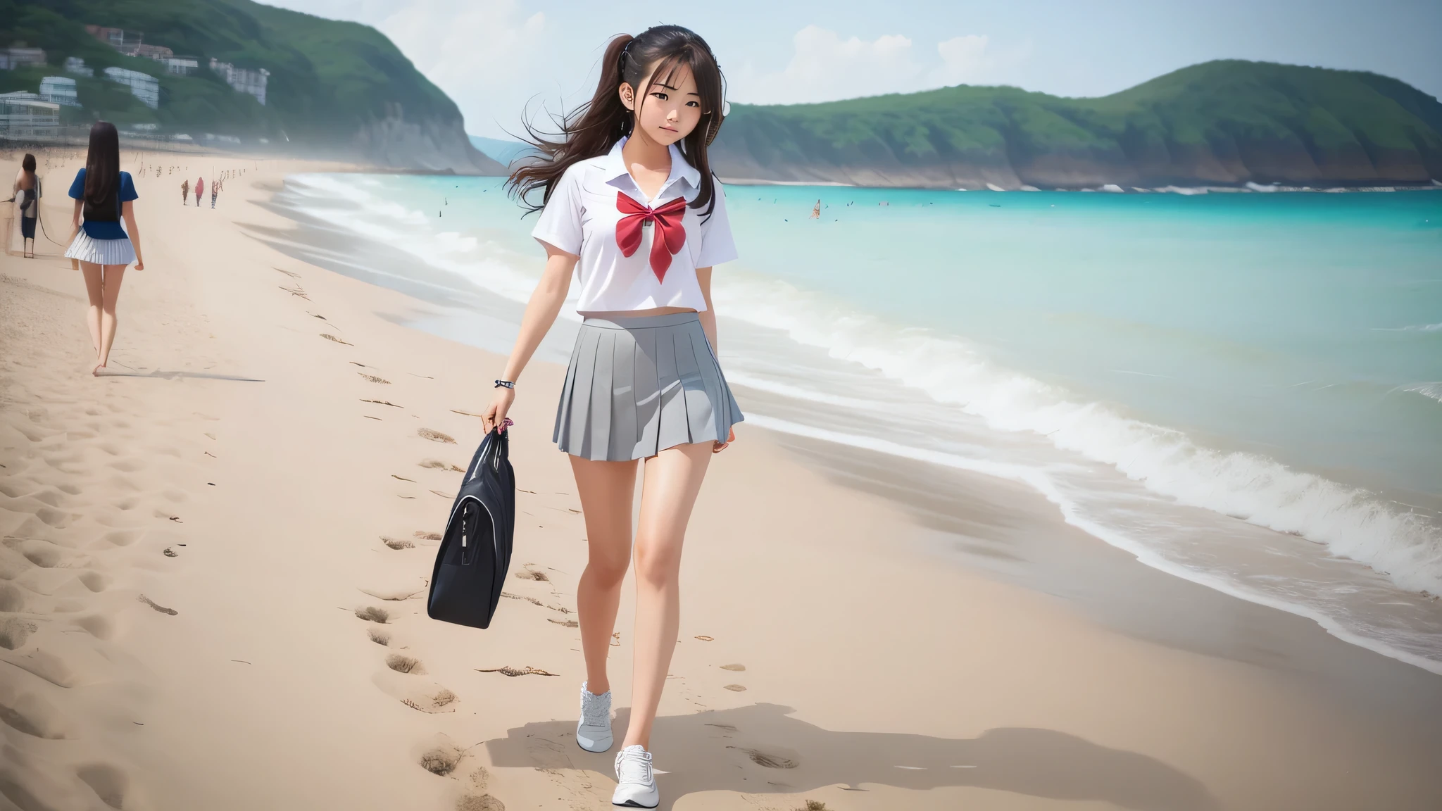 A high school girl walking on the beach、Side Up、Sexy hairstyle、Grey pleated skirt
