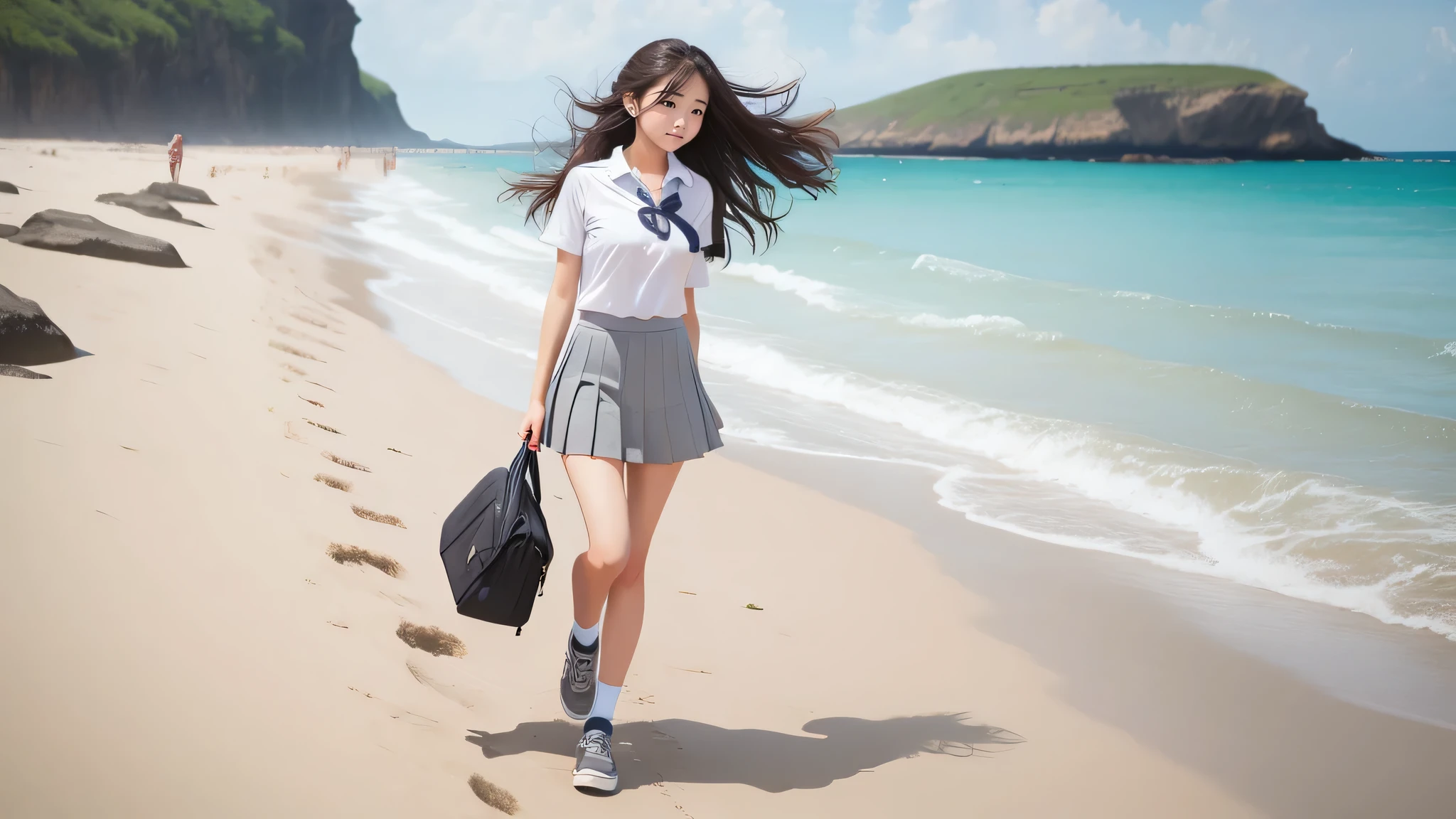 A high school girl walking on the beach、Side Up、Sexy hairstyle、Grey pleated skirt