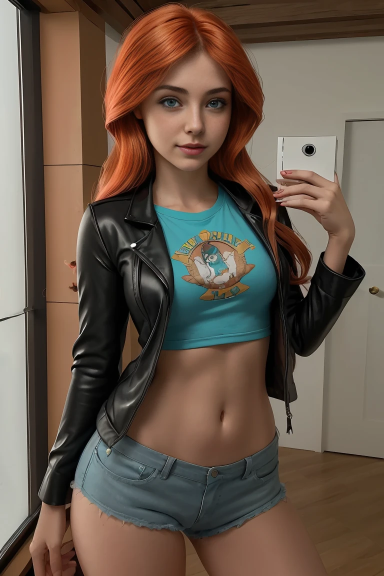 (Obra maestra, La mejor calidad:1.2), solamente, 1girl , hermosa chica adolescente europea , Caucasian , mlpshimmer, linda sonrisa , maquillaje , labios rojos , Mirando al espectador, small black jacket , camiseta naranja , falda morada , sexy outfit , sunset shimmer , 18 years , hermosa chica adolescente , modelo adolescente , ojos color turquesa , dentro de, cuarto gamer , casa , foto de cuerpo completo