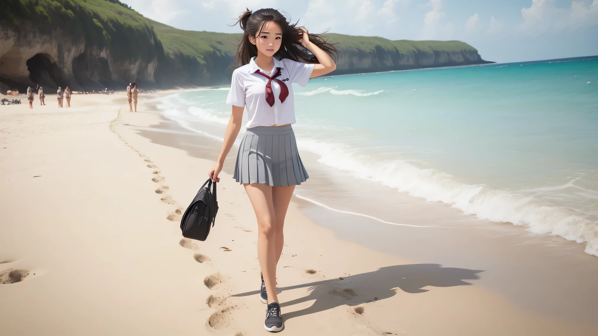 A high school girl walking on the beach、Side Up、Sexy hairstyle、Grey pleated skirt