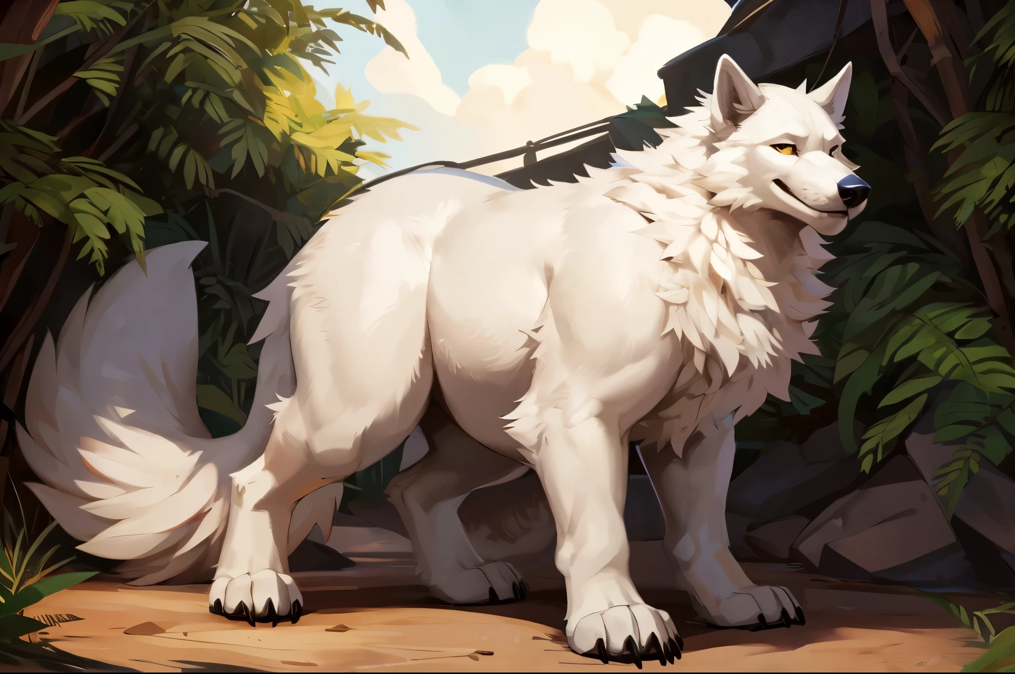 4k ultra quality, 4k full body view,(ultra high detailed body),feral wolf,dire wolf, detailed body,by mystikfox61, by glitter trap boy,feral paws, by bebebebebe,by morethreedee, by seibear,(thick thigh),(chubby thigh),thicc thigh,thick legs,chubby legs,thicc legs,massive butt,enomorous thigh,massive thigh,massive legs,thick lower legs,wide legs,(detailed thigh),(wide thigh),fluffy belly,feral belly,sharp nails,((sfw)),(ultra detailed face),detailed eyes,big tail,fluffy tail,(detailed tail),enomorous tail,bigger tail,huge tail,volumetric light,muscle legs,big paws,(thick paws),fluffy paws,furry paws,enomorous paws,(animal focus), beast,standing,(bigger lower body),strong lower body,(long legs),front view,master works, super fine, 4k resolution, high quality,high picture detail,dark fantasy,illusory engine, Masterpiece,feral,faint lighting,shiny fur,huge wolf,feral belly,hyper belly