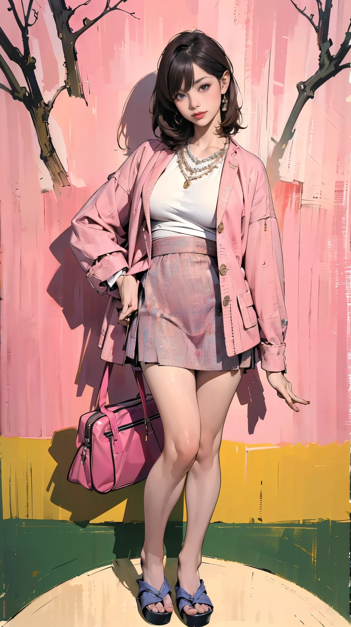 (Ultra-detailed, photorealistic, best quality, 4k,8k, highres, masterpiece:1.3), Featured is Sachi, a graceful figure from Tokyo, Japan, ((who embodies the essence of elegance and charm)), (((She boasts a stature, standing at 1.55 meters and weighing around 48 kilograms, epitomizing the blend of traditional Japanese beauty and modern allure))), (Her hair is always meticulously arranged), (Her eyes are gentle brown), ((and a physique with a flat abdomen, a peachy posterior, and perfectly round, perky F-cup breasts)), accentuated by her modest demeanor, (((She is wearing an iconic pink tweed jacket and a matching knees length tweed skirt))), (Paired with a white silk shirt), this outfit subtly highlights her curves while maintaining a modest, dignified look))), She accessorizes with a Chanel pearl necklace, and carries a classic quilted leather handbag from Chanel, (exceptionally detailed:1.3), super finely detailed hands, ultra finely detailed fingers(((ten fingers))), (posing elegantly), (full body showcase), (show full body), (no logos in the background), (no logo), ((**traditional Japanese architecture home background)).