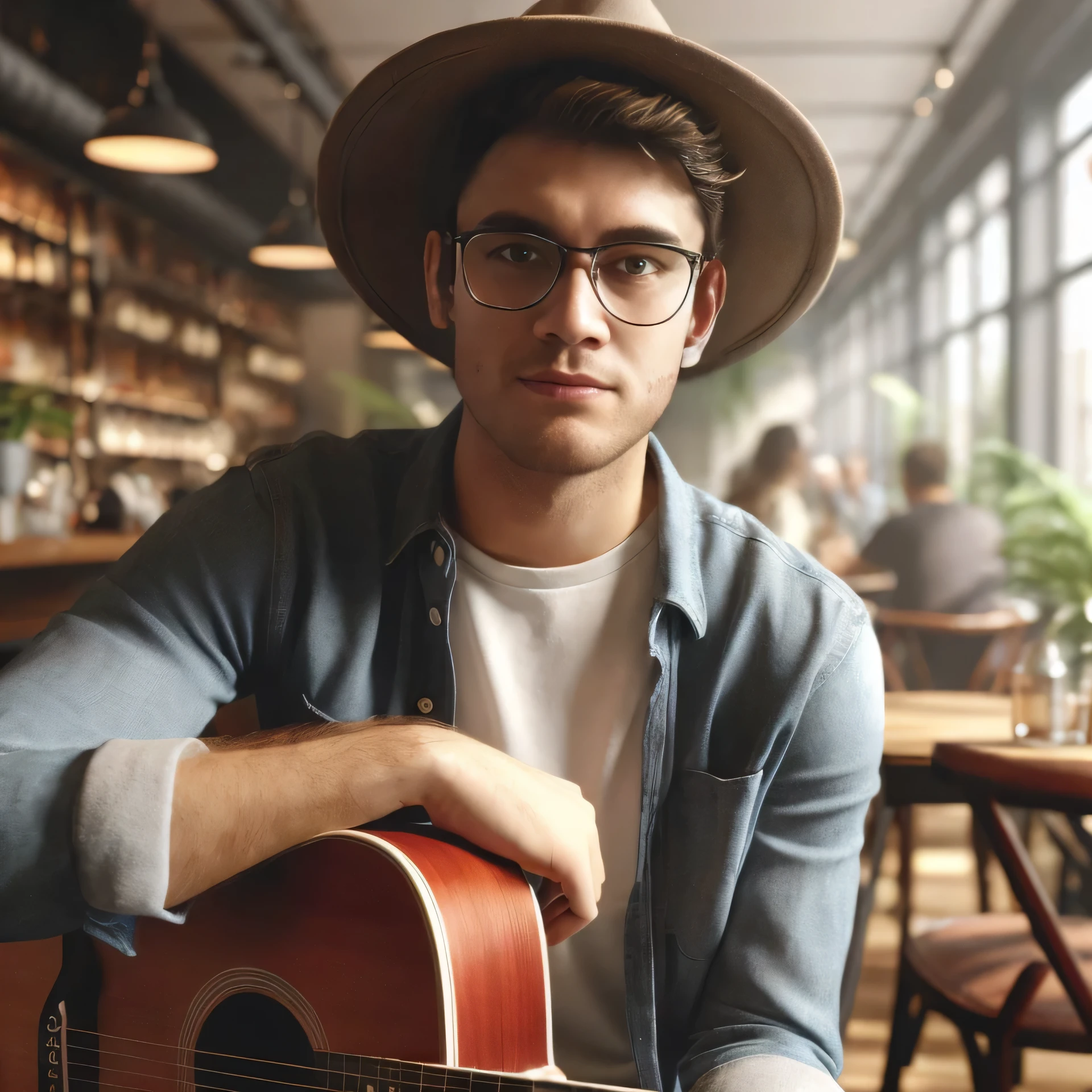 there is a man sitting at a table with a guitar, detailed portrait shot, high quality portrait, close up portrait shot, detailed portrait, portrait shot, singer songwriter, photo realistic style, semi - realistic render, handsome stunning realistic, realistic portrait photo, singer - songwriter, a photorealistic rendering, man playing guitar, sitting in a cafe alone, high quality photorealism