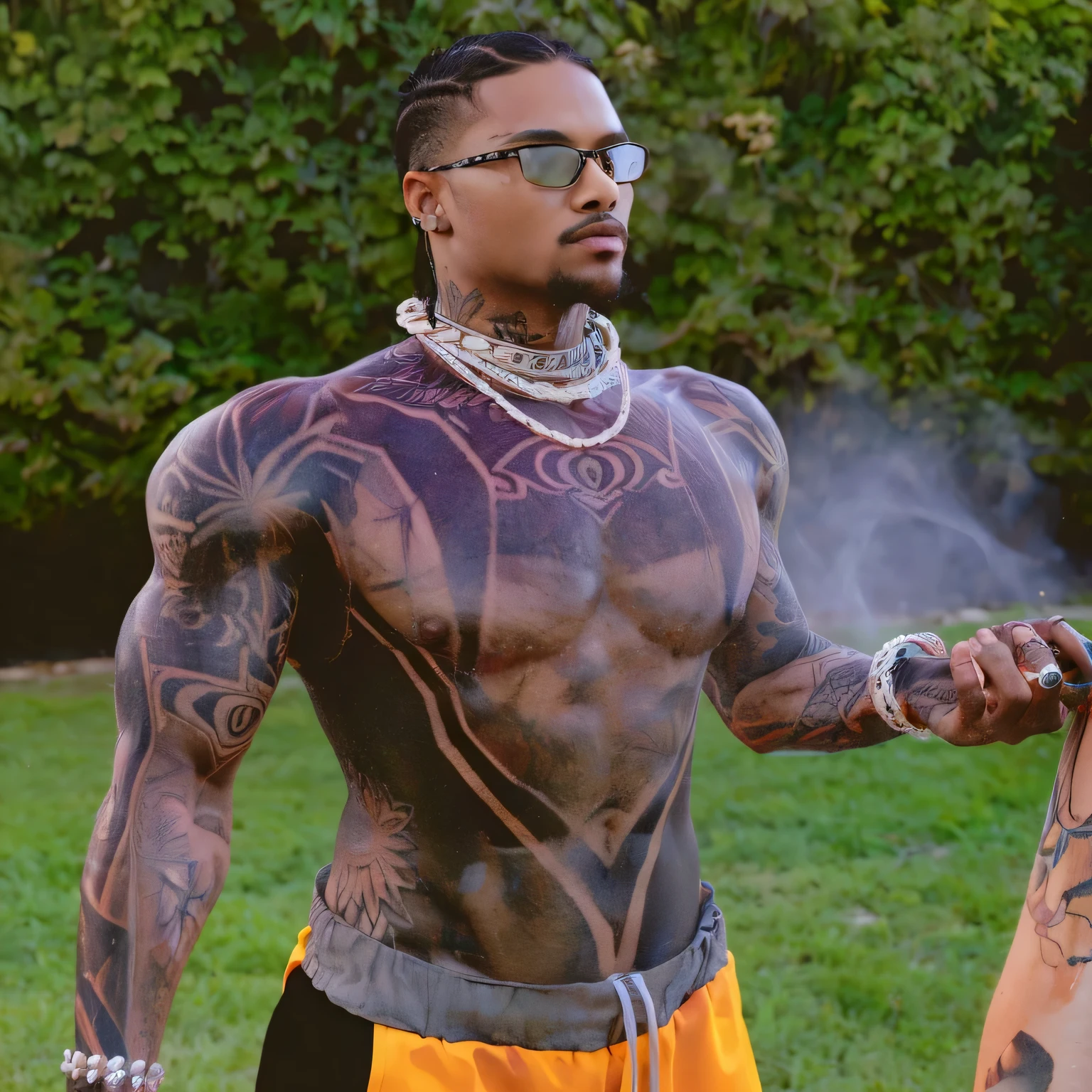 there is a man with tattoos on his body holding a cigarette without a shirt