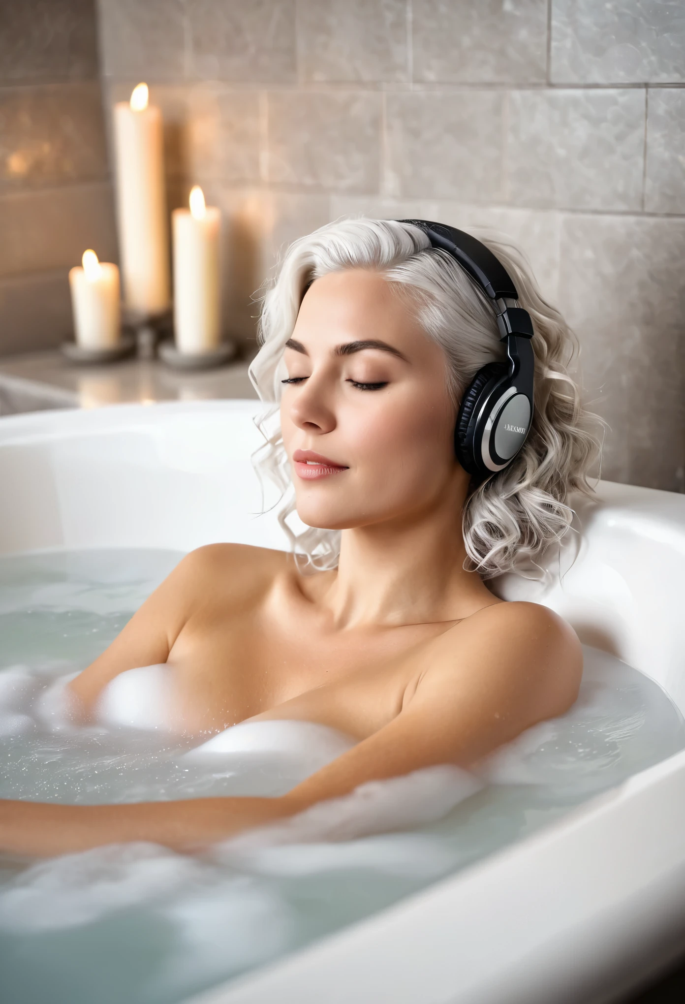 Sierra, a 21 year old female, normal breast, ((shoulder-length, unusually white hair with grey streaks, full hair, wavy hair, messy), The image depicts a serene scene of a woman enjoying a jakuzzi bath. She is in a luxurious bathroom, surrounded by soft lighting and candles, creating a tranquil and indulgent atmosphere. The bathtub is filled with bubbles, and the woman appears relaxed and content, with her head resting against the rim of the tub and her eyes closed in relaxation. She listens to music on her headphones