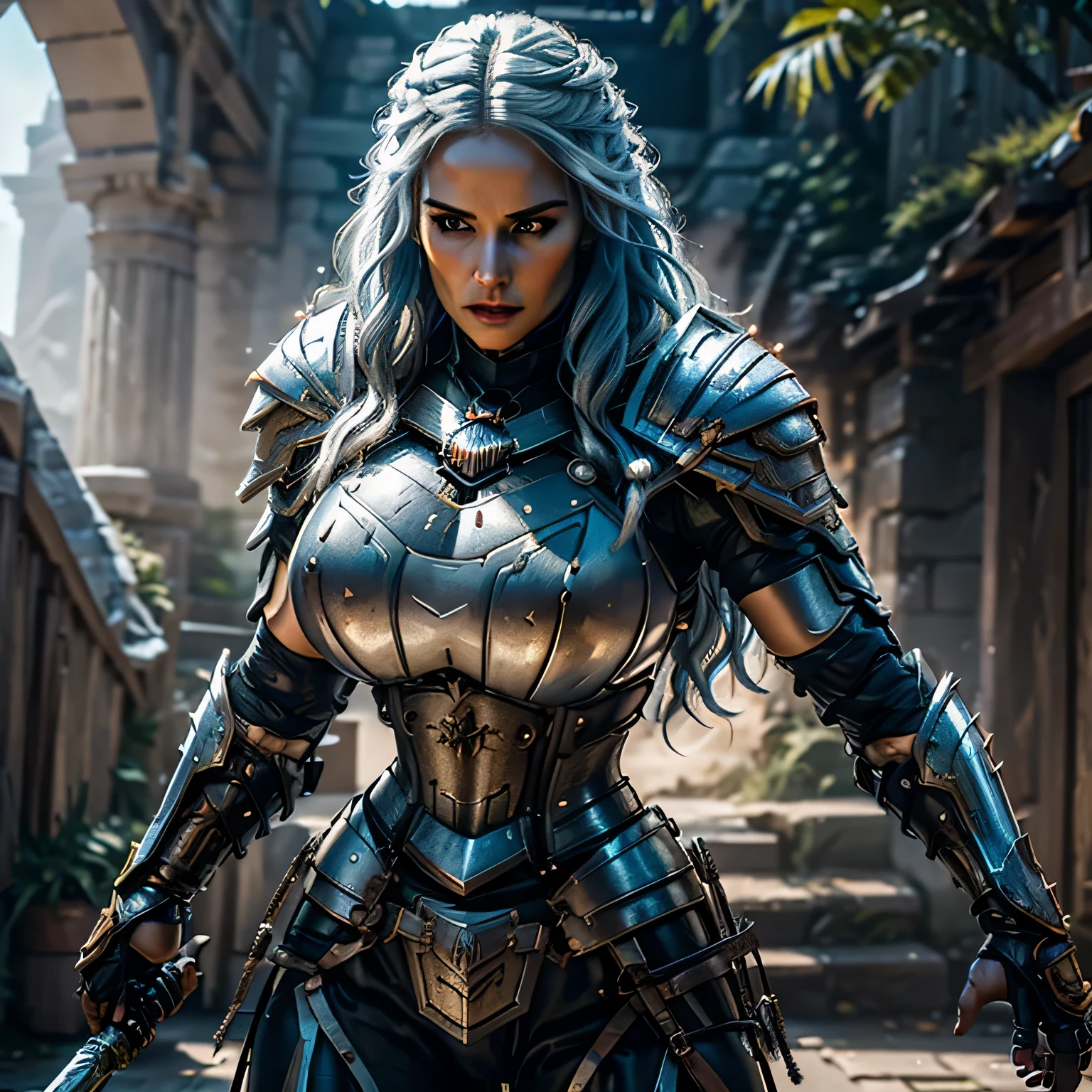 8K,asgard female warrior with very big breasts,Super beautiful(like the real thing),black very large chest armor,realistic skin,luxury black pants,Has a large, long black spear,sexy,muscular slim body,ripped abs,black shoulder armor,black waist armor,black leg armor,desert, rich colors, Backlight, cinematic lighting, film grain, RAW, 50mm lens,nikon　D850,ultra high resolution,Super realistic,goddess,battle scene,action scene,action pose,shine a light on the face, long wavy blue hair, the Witcher, the Witcher armor, yennefer