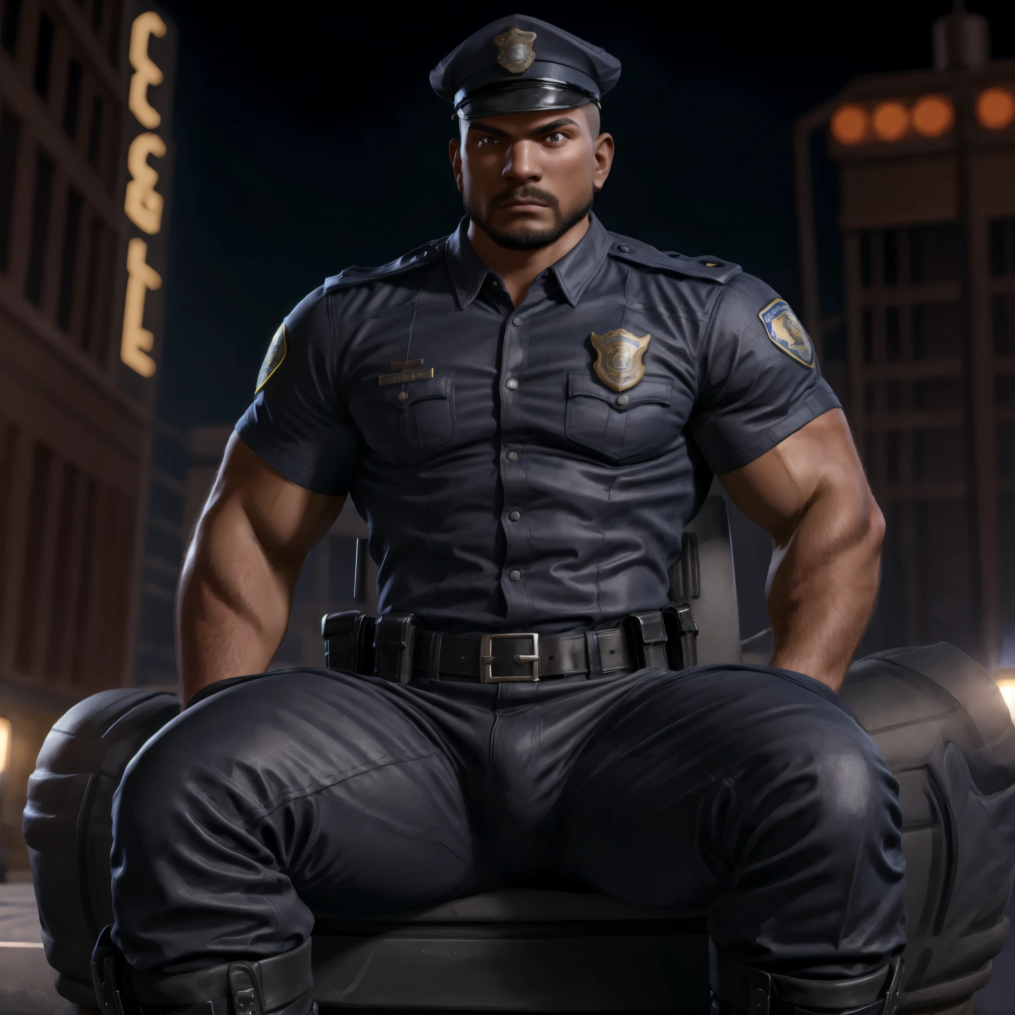 A (muscular), masculine, handsome (police officer) wearing a ((police uniform, police shirt, police pants, police cap, police boots):1.3) (sitting on the hood of a police cruiser) with his legs spread apart. High quality, best quality, masterpiece, realistic, photorealistic, (((((whole body))))), (((((full shot))))). (bulge:0.2) | hyperrealistic, (masterpiece), high details, ultra-realistic, octan light, 32k, | high resolution, photo-realistic, ultra clear, bokeh, high detail iconic character, highly detailed character, | 