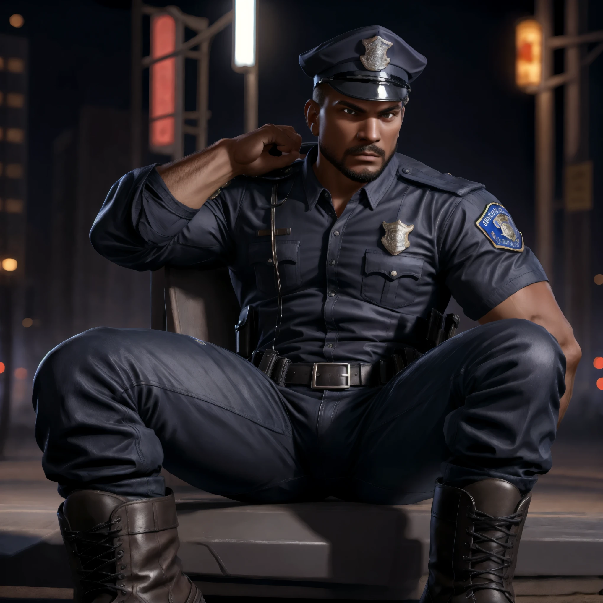 A (muscular), masculine, handsome (police officer) wearing a ((police uniform, police shirt, police pants, police cap, police boots):1.3) (sitting on the hood of a police cruiser) with his legs spread apart. High quality, best quality, masterpiece, realistic, photorealistic, (((((whole body))))), (((((full shot))))). (bulge:0.2) | hyperrealistic, (masterpiece), high details, ultra-realistic, octan light, 32k, | high resolution, photo-realistic, ultra clear, bokeh, high detail iconic character, highly detailed character, | 