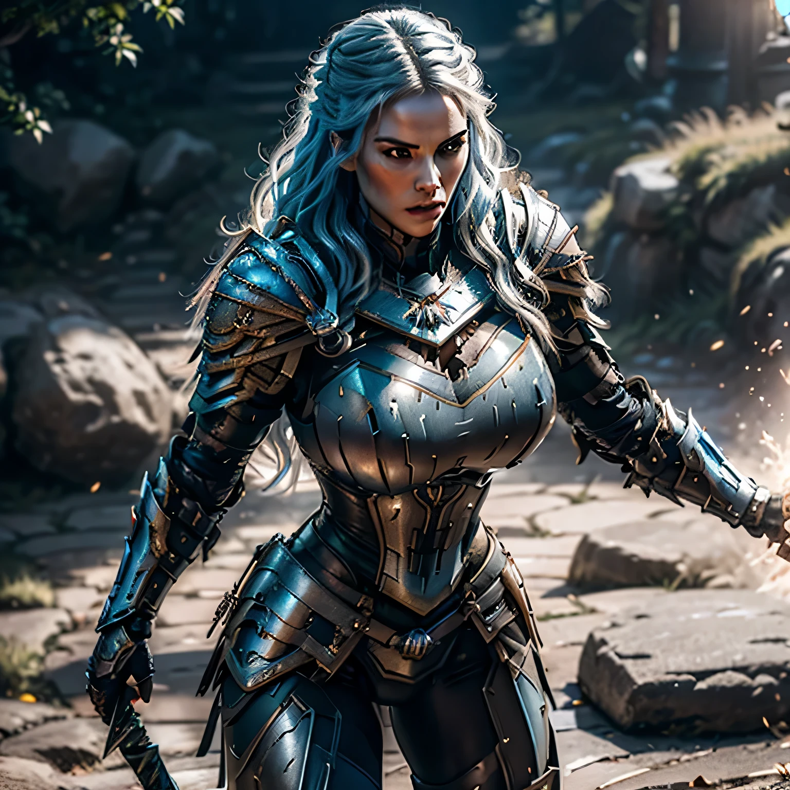 8K,asgard female warrior with very big breasts,Super beautiful(like the real thing),black very large chest armor,realistic skin,luxury black pants,Has a large, long black spear,sexy,muscular slim body,ripped abs,black shoulder armor,black waist armor,black leg armor,desert, rich colors, Backlight, cinematic lighting, film grain, RAW, 50mm lens,nikon D850,ultra high resolution,Super realistic,goddess,battle scene,action scene,action pose,shine a light on the face, long wavy blue hair, the Witcher, the Witcher armor, yennefer