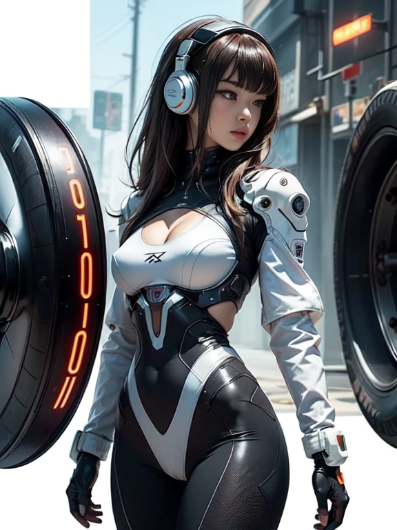 ((highest quality)), ((masterpiece)), ((Realistic)),((Cinema lighting)),angle from the front,looking at viewer,High Contrast, 19 year old Japanese female model,((Beautiful female android)), Medium Hair,Headphones,(Red Neon),(cyber punkの背景), 笑face,((非常にdetailedな目)),Very detailed glowing eyes, ((thin)) ,Rubber bodysuit, ( White one piece swimsuit ) ((sexy )) ,Slender figure,textured pixie haircut (((detailedなキャラクターシート, Front view, ~ side面図, 3/4 Views))) (((cyber punkの背景))) Six and a half whole bodies,4K,UltraSharp,Multiple Views of the same character,Charterner v2, One girl, Slender figure, (Headphones),Brown Hair, Long Hair, Orange eyes, Same clothes, Concept Art, detailed_face, line_sketch, plan, Official Art, Official Alternative Costumes, Design style, multi style, detailed character, 4_~ side, original, 8K GC, massive detailed, Multiple Views of the same character, character, technical illustration, Multiple Views,masterpiece,highest quality(masterpiece, highest quality), 32k,(非常にdetailedな美しい女性), Future Anime,The ultimate map,highlight,Headphones,Very detailed glowing eyes,Cleavage,Complex patterns,Stylish hairstyle,fluorescence((White clothes)),cyber punk