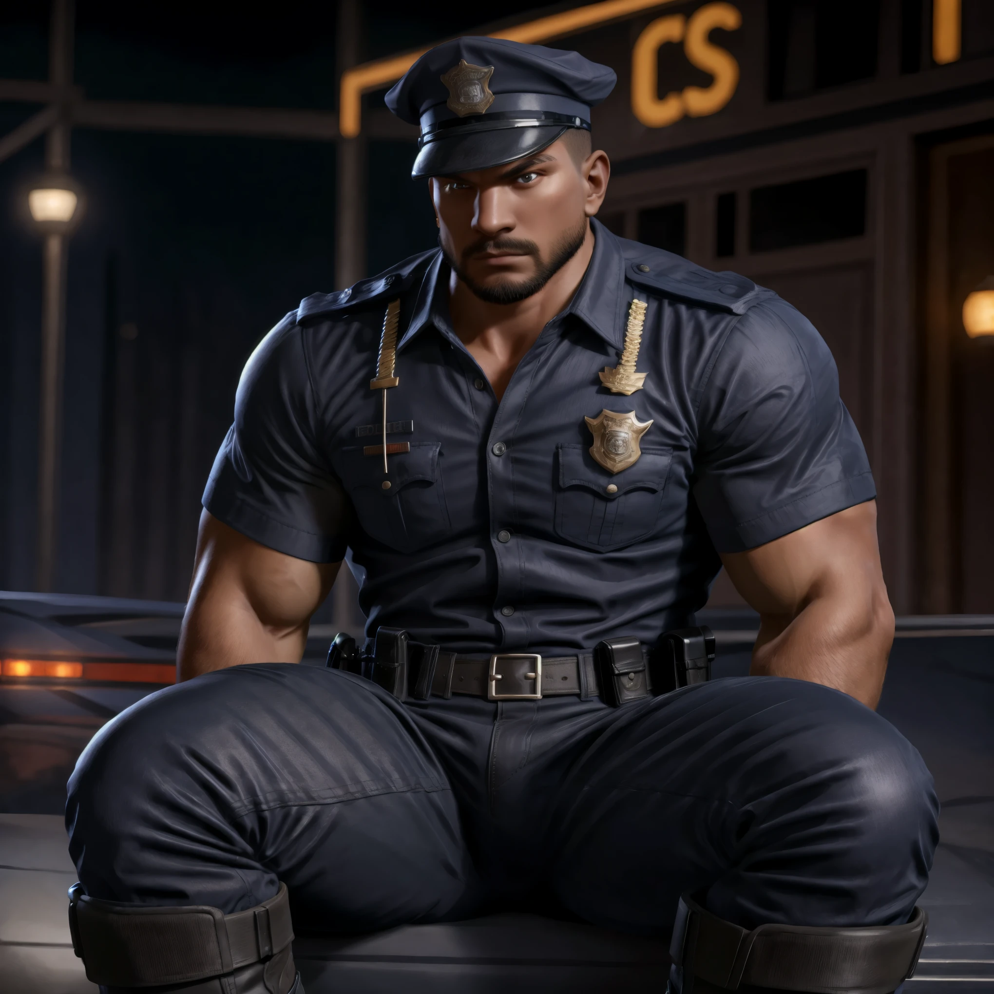 A (muscular), masculine, handsome (police officer) wearing a ((police uniform, police shirt, police pants, police cap, police boots):1.3) (sitting on the hood of a police cruiser) with his legs spread apart. High quality, best quality, masterpiece, realistic, photorealistic, (((((whole body))))), (((((full shot))))). (bulge:0.2) | hyperrealistic, (masterpiece), high details, ultra-realistic, octan light, 32k, | high resolution, photo-realistic, ultra clear, bokeh, high detail iconic character, highly detailed character, | 