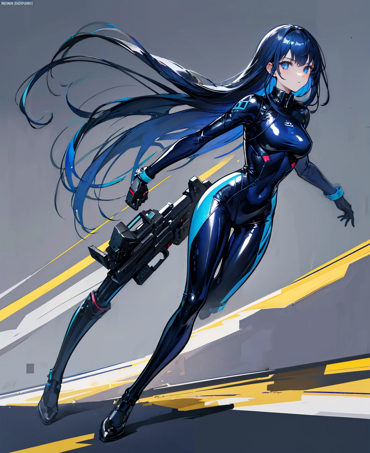 There is no background,girl,Carry a firearm,Patent leather tight suit,Use of firearms,Navy blue long hair,attention arousal,Blue colored eyes,No gradients