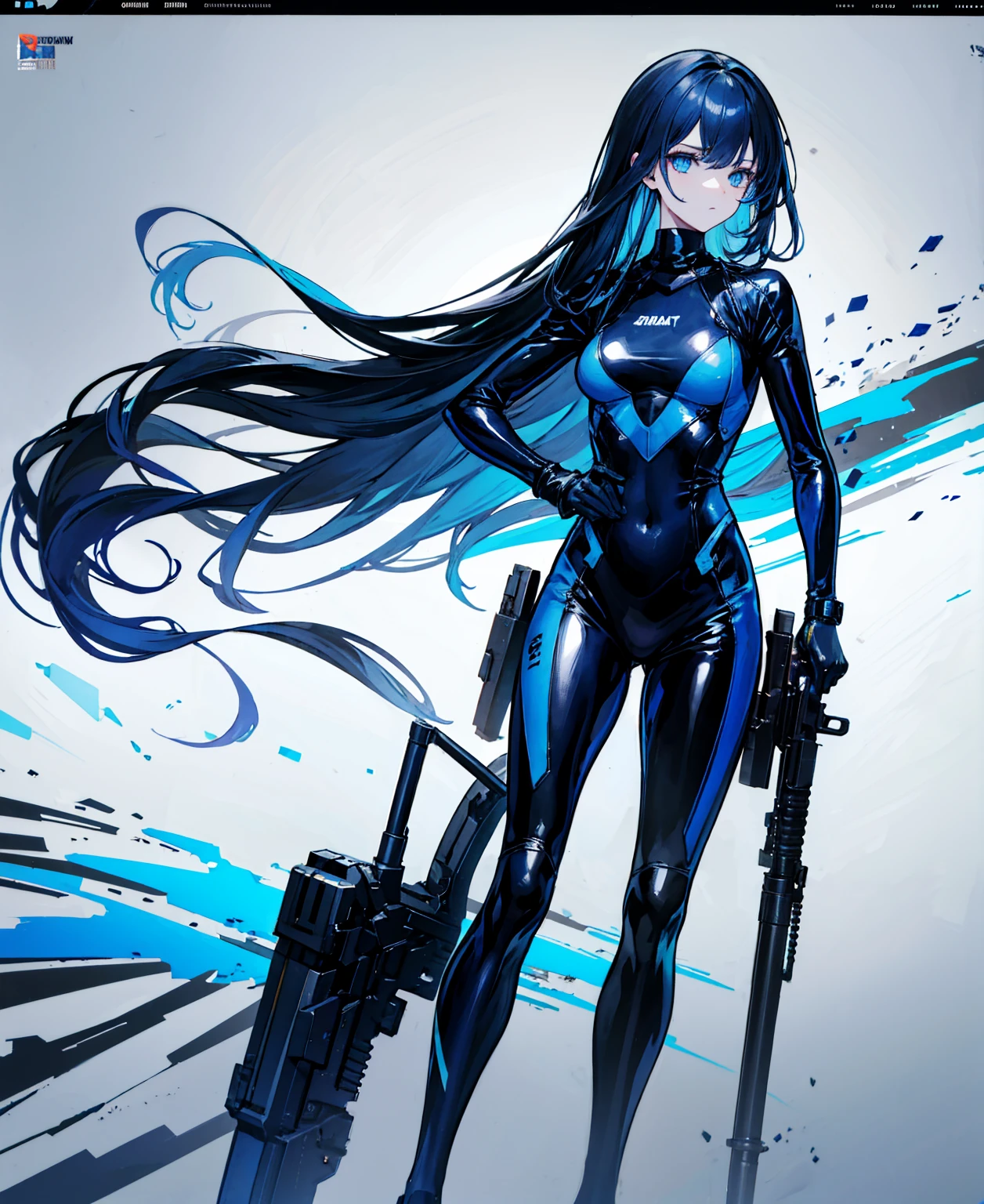 There is no background，girl，Carry a firearm，Patent leather tight suit，Use of firearms，Navy blue long hair，attention arousal，Blue colored eyes,No gradients