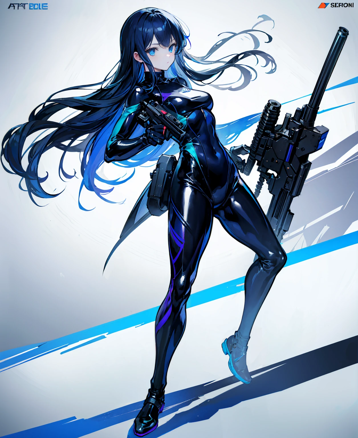 There is no background,girl,Carry a firearm,Patent leather tight suit,Use of firearms,Navy blue long hair,attention arousal,Blue colored eyes,No gradients