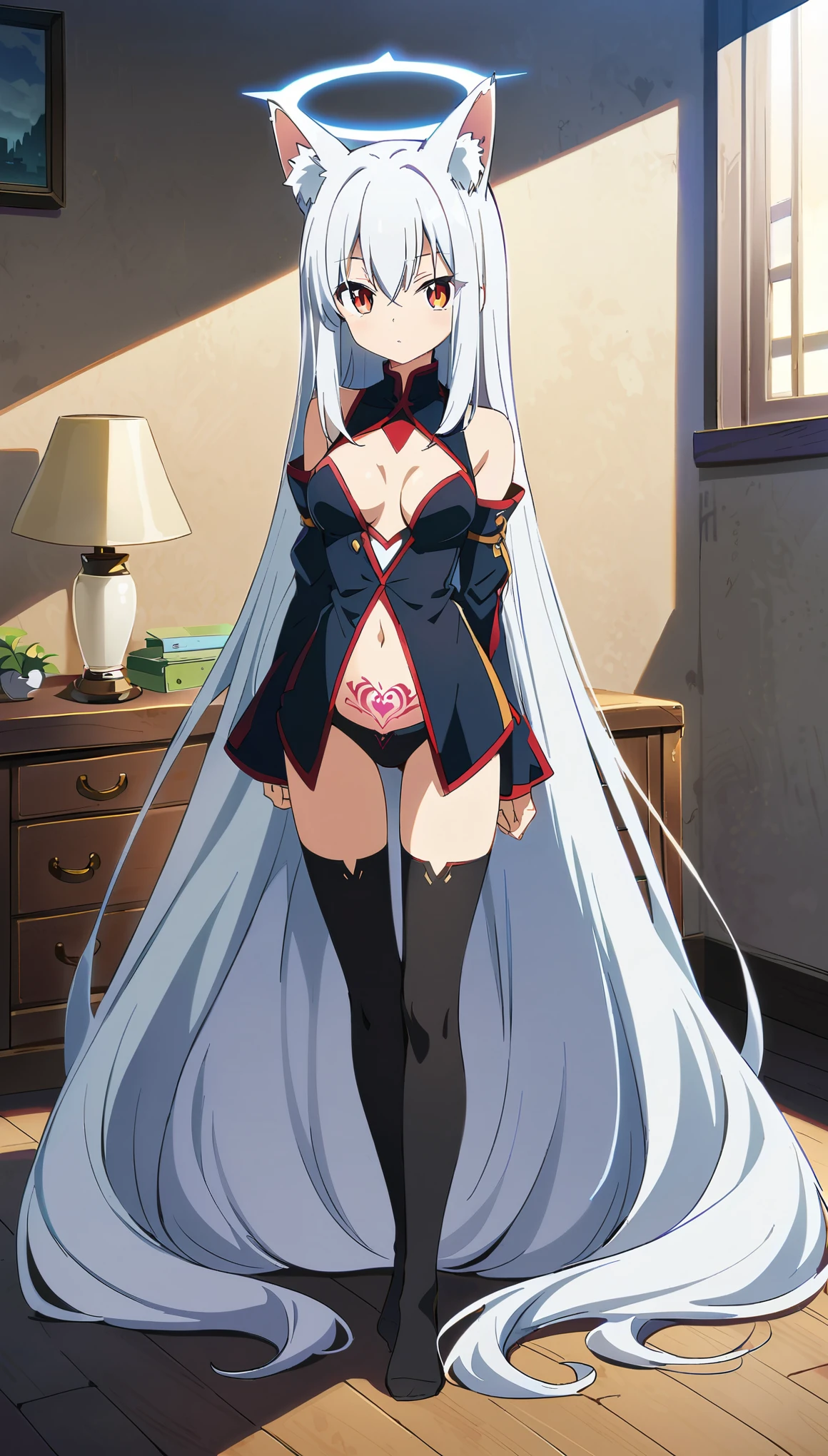girl,halo,solo,bedroom,absurdly long hair,white hair,red pupils,slit pupils,fox ear,medium breasts,standing,petite,detached sleeves,anime,standing,black thighhighs,breasts cutout,navel,detached sleeves,unbuttoned shirt,pubic tattoo,full body,no shoes,arms behind black,no panties