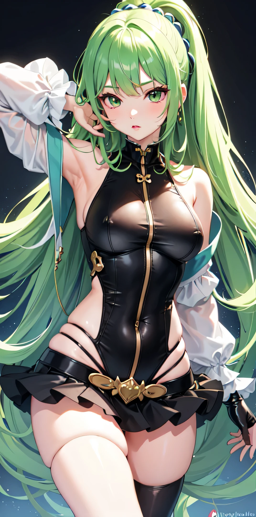 ((best quality)), (Ultra Detailed), ((Extremely detailed)), (fair), ((Kawaii girl)),  ((Ultra HD)), (masterpiece), (high quality), (best quality), (4K), (high quality), 1, Solo Girl, 1 Girl, , Parted bangs, ((Hair intake)), Long hair, (Long hair on both sides), ((Emerald eyes)), slanted eyes, Larger , slim body, , （Very little cloth）Miniskirt showing belly