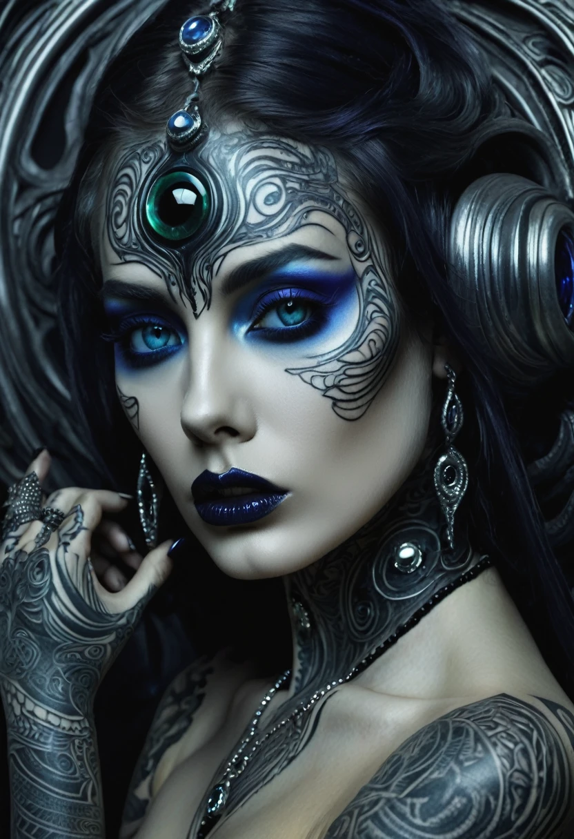 Hr giger tattooed sexy seductive dead girl. Sapphire eyes,