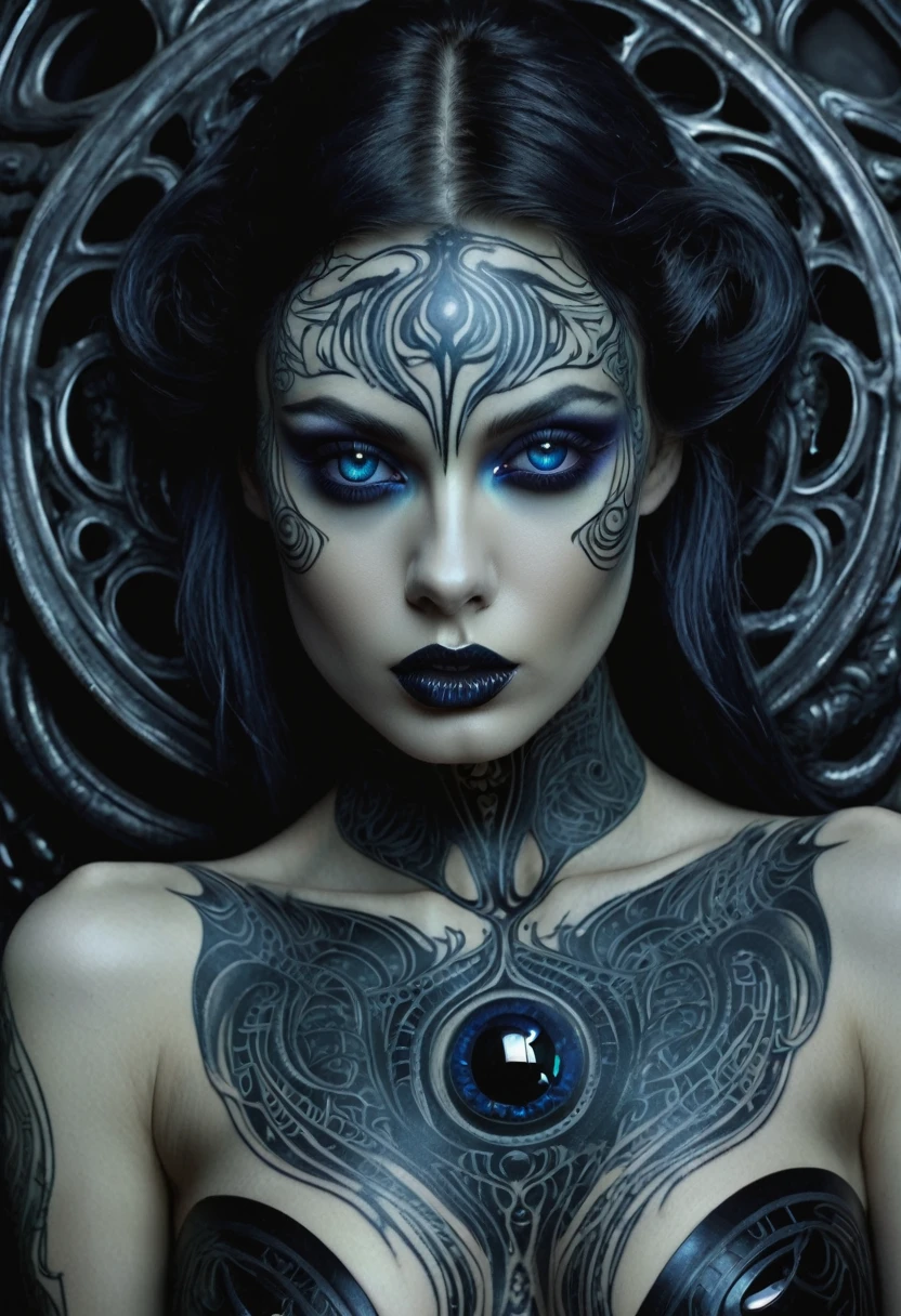 Hr giger tattooed sexy seductive dead girl. Sapphire eyes,