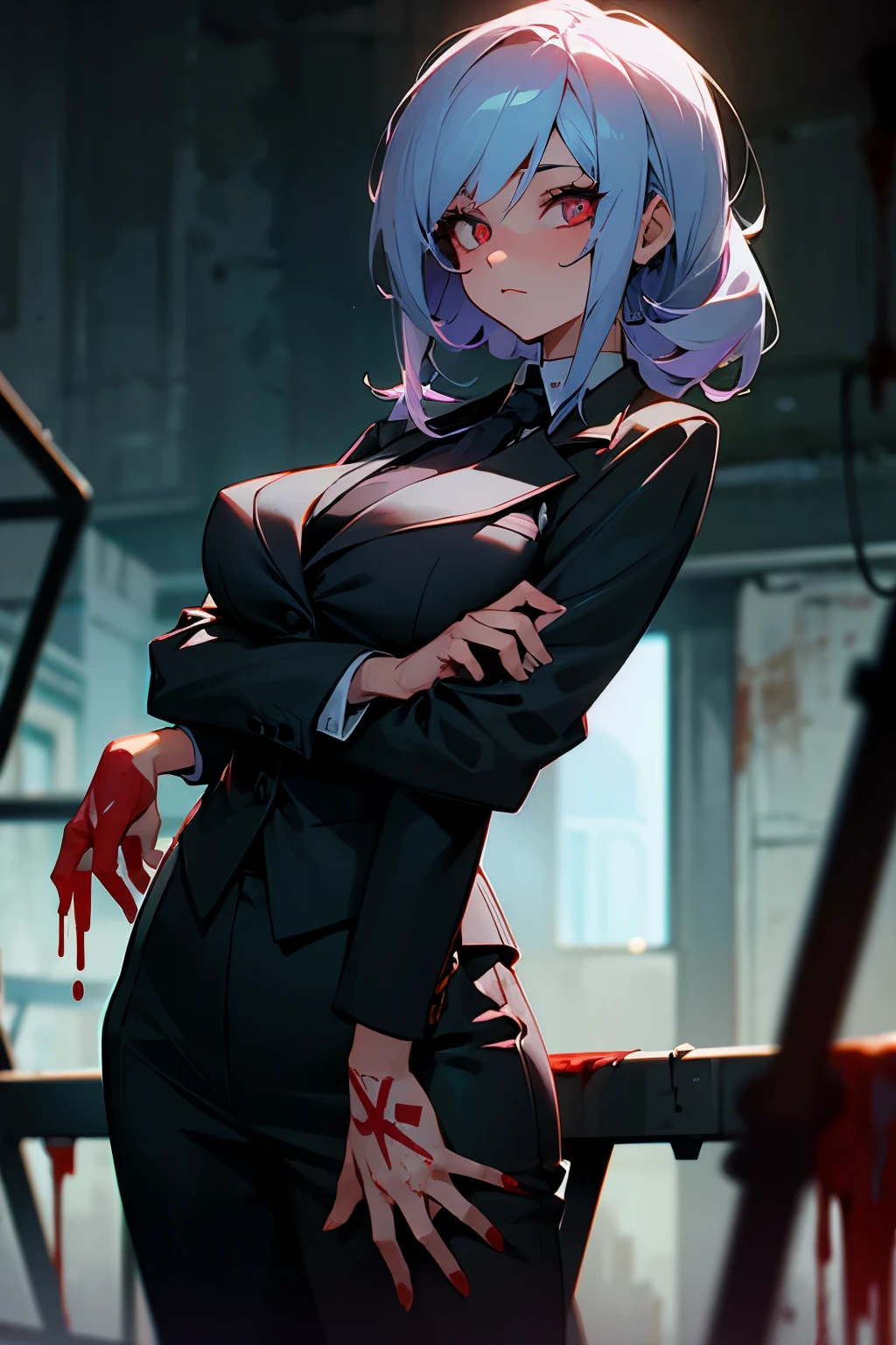 a girl, cool, wearing suit, big breasts, tattoos, in an abandoned factory, covered in blood, look at me, (night), dark, mafia.
