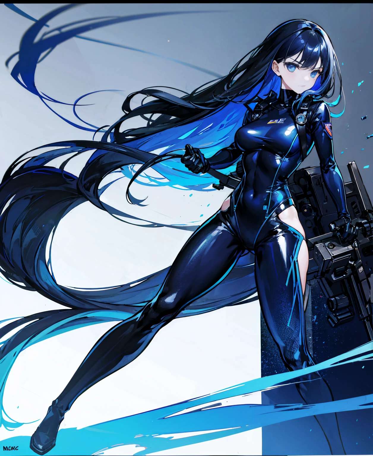 There is no background，girl，Carry a firearm，Patent leather tight suit，Use of firearms，Navy blue long hair，attention arousal，Blue colored eyes,No gradients