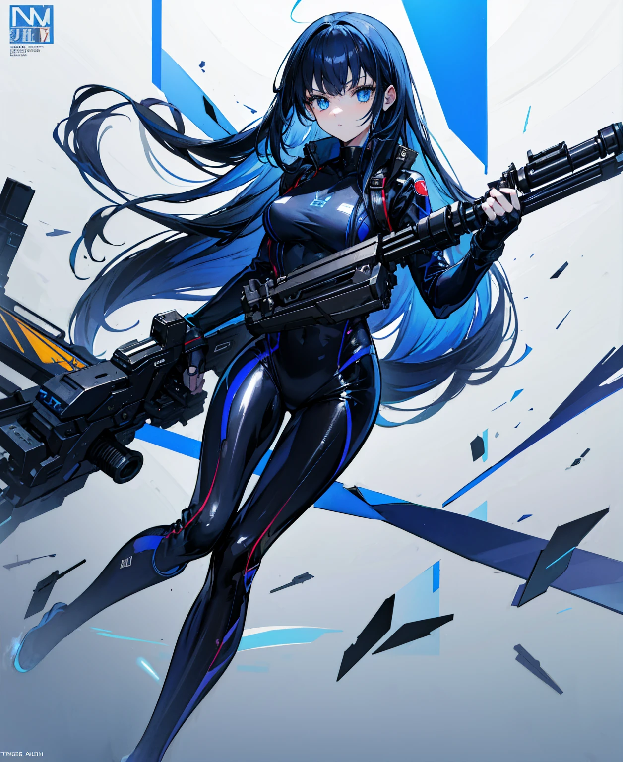 There is no background,girl,Carry a firearm,Patent leather tight suit,Use of firearms,Navy blue long hair,attention arousal,Blue colored eyes,No gradients