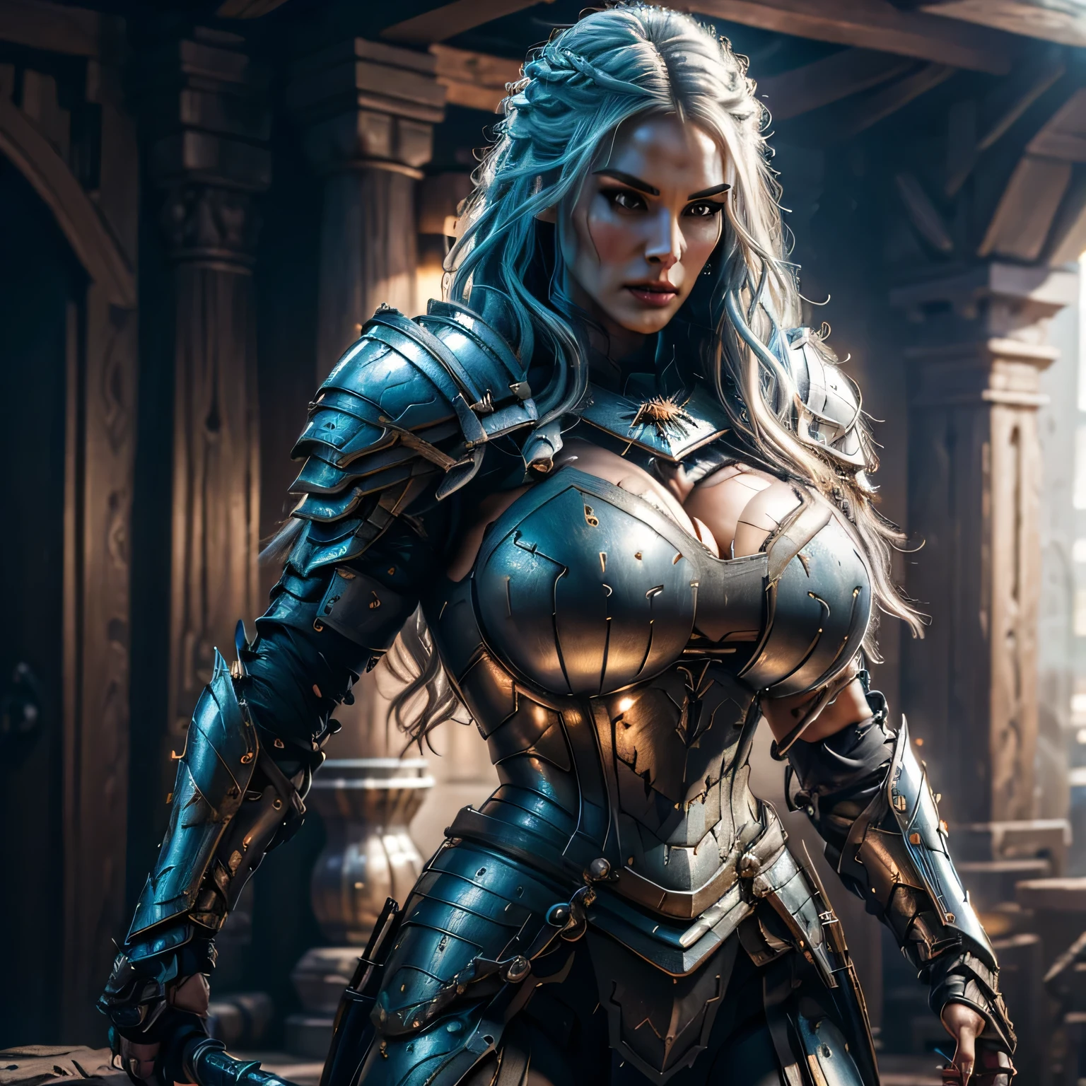 8K,asgard female warrior with very big breasts,Super beautiful(like the real thing),black very large chest armor,realistic skin,luxury black pants,Has a large, long black spear,sexy,muscular slim body,ripped abs,black shoulder armor,black waist armor,black leg armor,desert, rich colors, Backlight, cinematic lighting, film grain, RAW, 50mm lens,nikon D850,ultra high resolution,Super realistic,goddess,battle scene,action scene,action pose,shine a light on the face, long wavy blue hair, the Witcher, the Witcher armor, yennefer