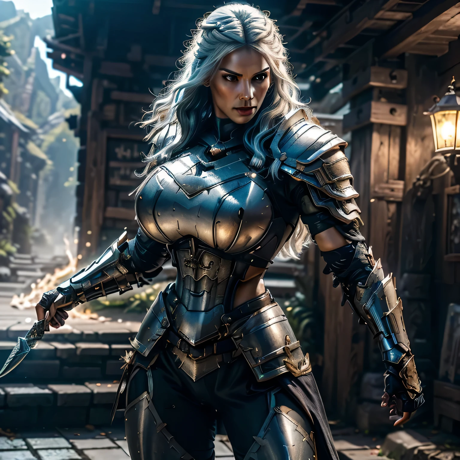 8K,asgard female warrior with very big breasts,Super beautiful(like the real thing),black very large chest armor,realistic skin,luxury black pants,Has a large, long black spear,sexy,muscular slim body,ripped abs,black shoulder armor,black waist armor,black leg armor,desert, rich colors, Backlight, cinematic lighting, film grain, RAW, 50mm lens,nikon　D850,ultra high resolution,Super realistic,goddess,battle scene,action scene,action pose,shine a light on the face, long wavy blue hair, the Witcher, the Witcher armor, yennefer