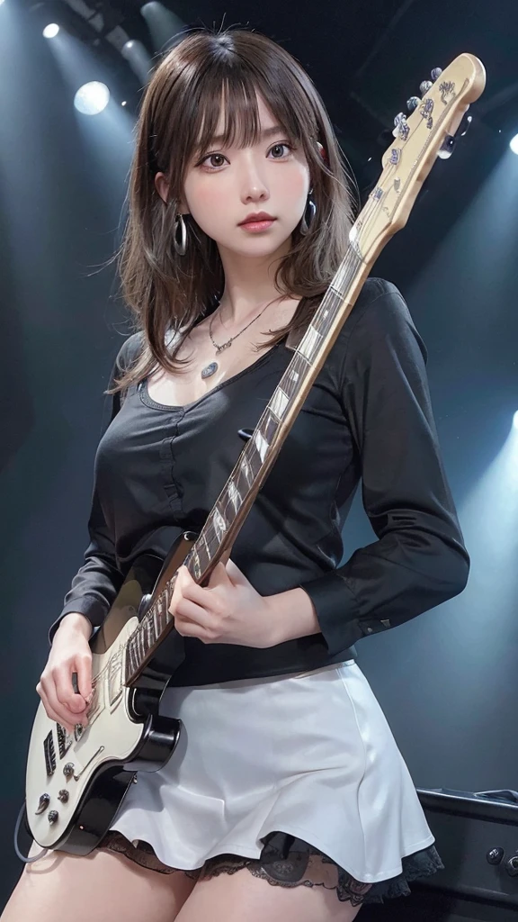 (highest quality, masterpiece: 1.2), Ultra-high resolution, Realistic, complete lighting, Intricate details, Exquisite detail and texture, 1 Girl, guitarist playing guitar, The guitar is a blue metal electric guitar that mixes blue and white., passionately play the electric guitar, he is a very famous guitarist, he is quite popular, he has many fans, The venue lights illuminate the characters and guitars beautifully., alone, (young), Facial highlights, Upper Body, Detailed face, punctum, White skin, brown hair, Viewer, Big eyes, Earrings, Normal Breast, Slender body, Wearing a black shirt, Cute black shirt with a tight figure, wearing a dressed shirt over a top, Long sleeve black shirt、expression is singing, she is wearing a pretty silver necklace, She is wearing a gold jewelry bracelet, her skirt is almost black, She has two arms、The hand has exactly five fingers., The venue is an idol venue, , she wears black knee stockings, and、It is the background of the stadium venue.