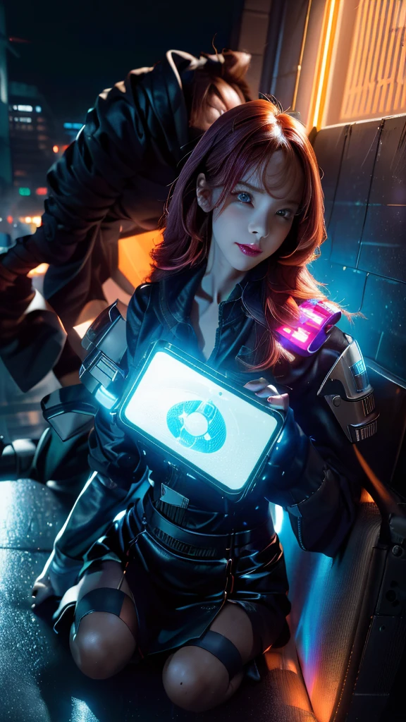 best quality, highres, ultra-detailed, (futuristic, cyberpunk, dystopian:1.1), (neon lights:1.2), (holographic displays:1.1), (advanced technology:1.2), (flying cars:1.1), (dense cityscape:1.1), (grimy alleyways:1.1), (glowing skyscrapers:1.1), (urban chaos:1.1), (emerging from shadows:1.2), (rain-soaked streets:1.1), (reflective surfaces:1.2), (vibrant colors:1.2), (synthetic materials:1.1), (dynamic atmosphere:1.1), (mysterious figures:1.1), (intricate city network:1.1), (hovering drones:1.1), (powerful energy:1.1), (dramatic shadows:1.2), (foggy air:1.1), (technological advancements:1.1), (metropolis in the dark:1.1), (sleek architecture:1.1), (fast-paced movement:1.1), (industrial elements:1.1), (glitch aesthetics:1.1), (contemporary urban lifestyle:1.1), (futuristic fashion:1.1), (surreal atmospherics:1.1), (underground culture:1.1), (nighttime intrigue:1.1), (cybernetic enhancements:1.1), (urban legends:1.1), (high-tech gadgets:1.1), (augmented reality:1.1), (ethereal beauty:1.1), (blurred reality:1.1), (technology-driven society:1.1), (twisted future:1.1), (digital artistry:1.2)
