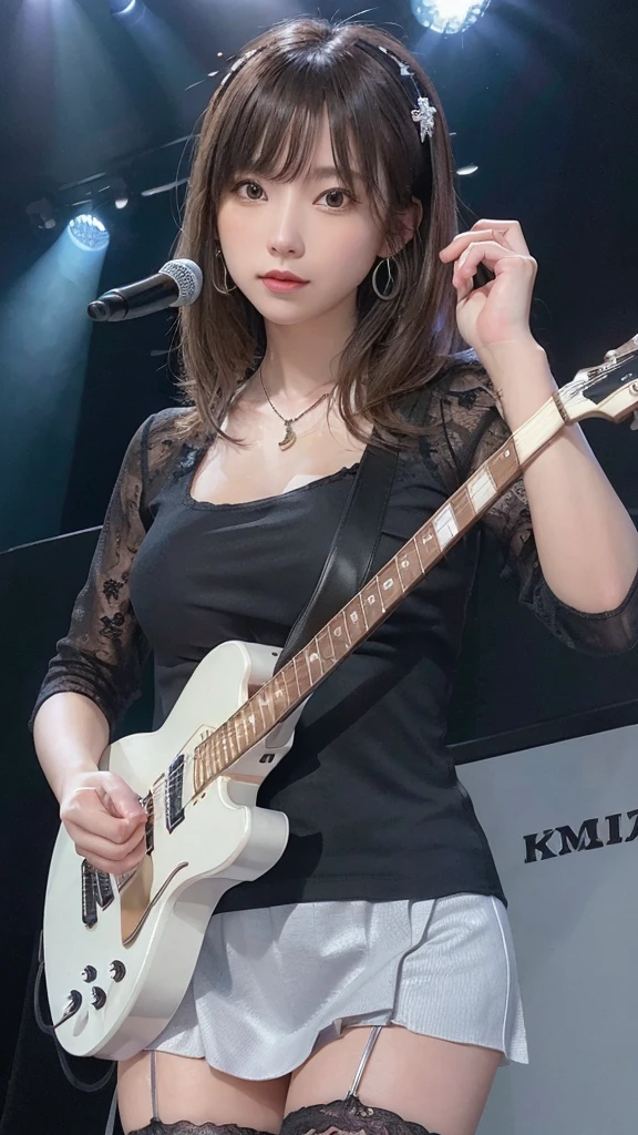 (highest quality, masterpiece: 1.2), Ultra-high resolution, Realistic, complete lighting, Intricate details, Exquisite detail and texture, 1 Girl, guitarist playing guitar, The guitar is a blue metal electric guitar that mixes blue and white., passionately play the electric guitar, he is a very famous guitarist, he is quite popular, he has many fans, The venue lights illuminate the characters and guitars beautifully., alone, (young), Facial highlights, Upper Body, Detailed face, punctum, White skin, brown hair, Viewer, Big eyes, Earrings, Normal Breast, Slender body, Wearing a black shirt, Cute black shirt with a tight figure, wearing a dressed shirt over a top, Long sleeve black shirt、expression is singing, she is wearing a pretty silver necklace, She is wearing a gold jewelry bracelet, her skirt is almost black, She has two arms、The hand has exactly five fingers., The venue is an idol venue, , she wears black knee stockings, and、It is the background of the stadium venue.