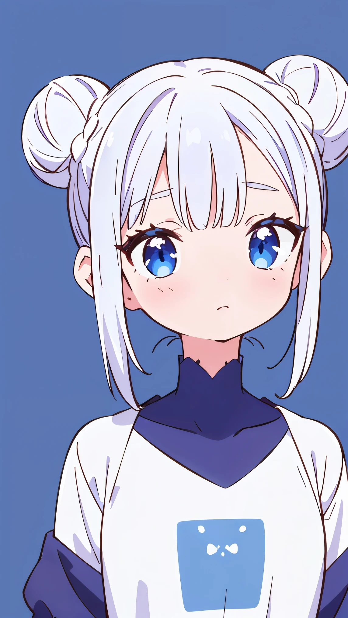 (View from the front,upper body),(girl1,round face,blue eyes),(white hair,double buns hairstyle),(purple t-shirt,off-shoulder),retina,masterpiece,ccurate,anatomical correct, textured skin,super detail,high quality,high details,best quality,highres,UHD,1080P