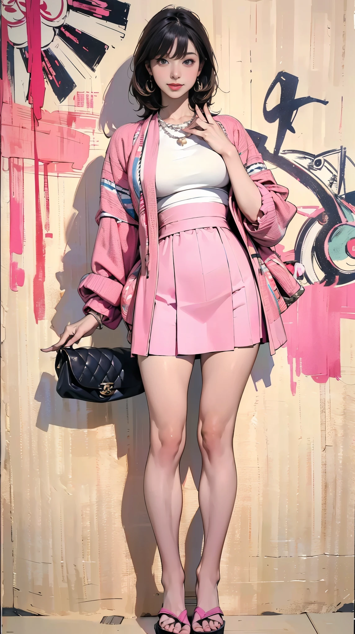(Ultra-detailed, photorealistic, best quality, 4k,8k, highres, masterpiece:1.3), Featured is Sachi, a graceful figure from Tokyo, Japan, ((who embodies the essence of elegance and charm)), (((She boasts a stature, standing at 1.55 meters and weighing around 48 kilograms, epitomizing the blend of traditional Japanese beauty and modern allure))), (Her hair is always meticulously arranged), (Her eyes are gentle brown), ((and a physique with a flat abdomen, a peachy posterior, and perfectly round, perky F-cup breasts)), accentuated by her modest demeanor, (((She is wearing an iconic pink tweed jacket and a matching knees length tweed skirt))), (Paired with a white silk shirt), this outfit subtly highlights her curves while maintaining a modest, dignified look))), She accessorizes with a Chanel pearl necklace, and carries a classic quilted leather handbag from Chanel, (exceptionally detailed:1.3), super finely detailed hands, ultra finely detailed fingers(((ten fingers))), (posing elegantly), (full body showcase), (show full body), (no logos in the background), (no logo), ((**traditional Japanese architecture home background)).