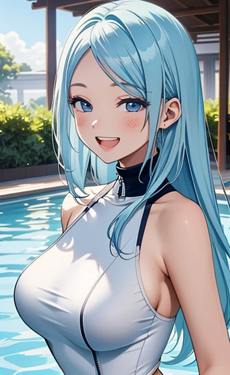 (masterpiece:1.4、top-quality、illustration:1.4,realistic、)、(character focus、breast focus,upper body:1.3)、(1girl),(Open mouth happy grin:1.3),(half closed eyes),cute face,blue eyes、()、
,(stand:1.4),(Shining smile),
,(slender),(turtleneck holder zipper white swimsuit:1.3),(long blue hair:1.6,forehead:1.3), (large breasts:1.3)、
、slender、pool,、