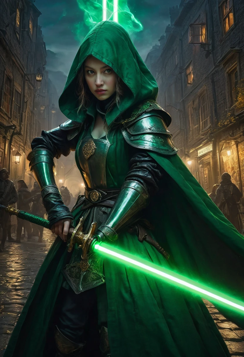 1girl, Swordsman, medieval plague doctors fighting plague infected abominations with dark green lightsabers holding them correctly like swords, green aura, Epic cinematic brilliant stunning intricate meticulously detailed dramatic atmospheric maximalist digital matte painting