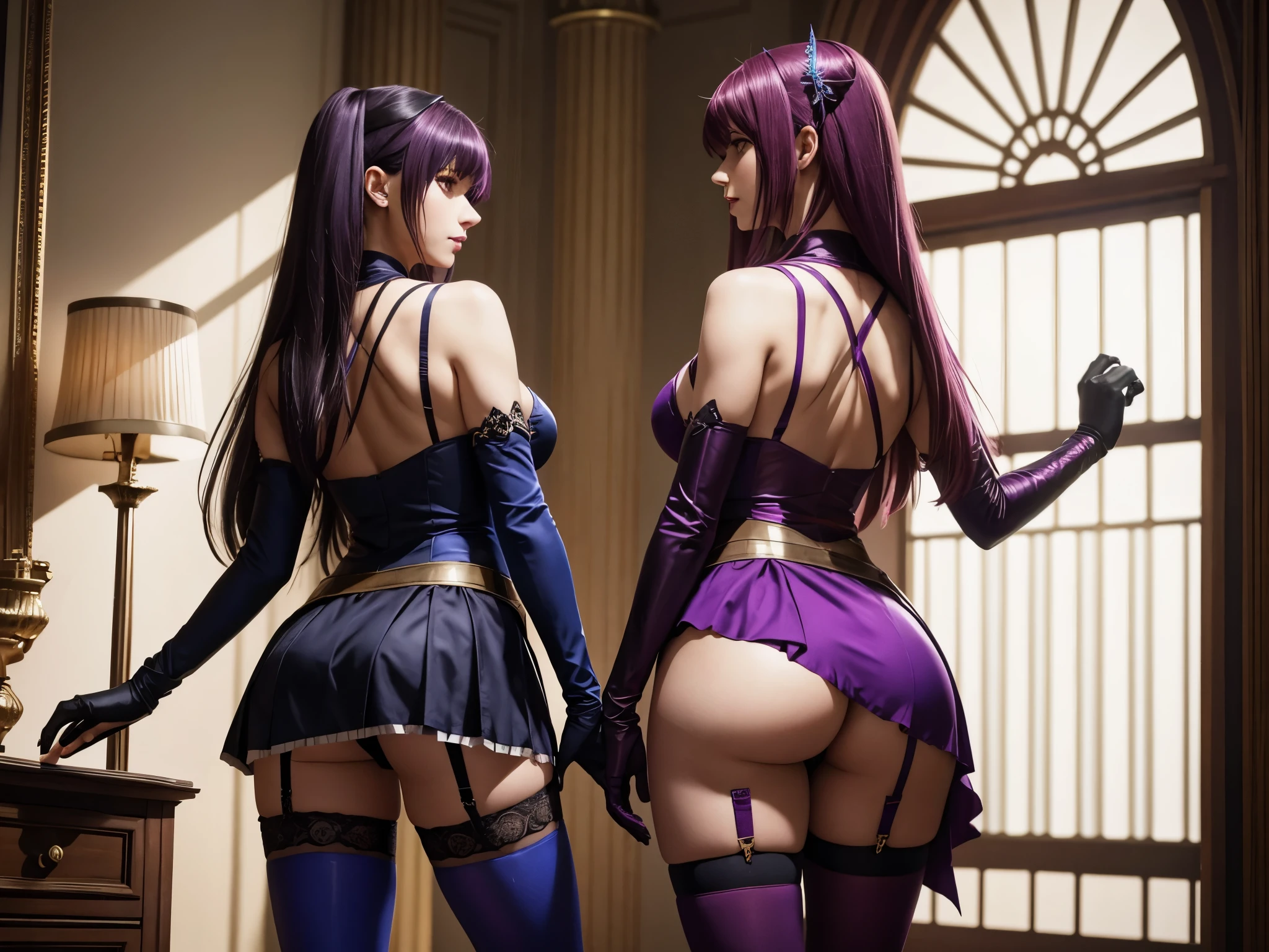 Photorealistic, 2 girls: [Scathach and Saber from FGO, Fate Grand Order, both girls wearing maid cosplay (Scathach wears purple, Saber wears blue or red), stockings and tights, garter belt, short skirt, high heels, long gloves, long hair, vivid lipstick], photo from head to toes, full body shot, seductive pose, inside the palace bedroom, shot from behind
