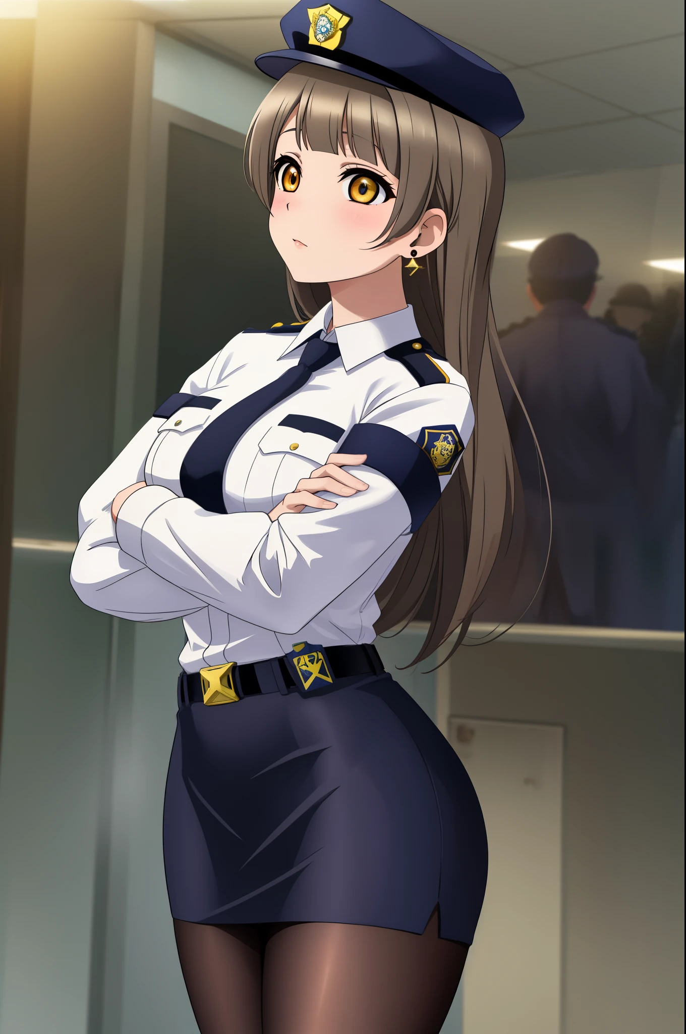 Masterpiece, best quality, slightly from side,(detailed face), minami kotori, curvy body ,white shirt,half sleeves,earrings, pencil skirt, necktie , standing, crossed arms,police cap,in police station, cowboy shot, thighs, wide hips , solo ,belt, pantyhose , skin tight  