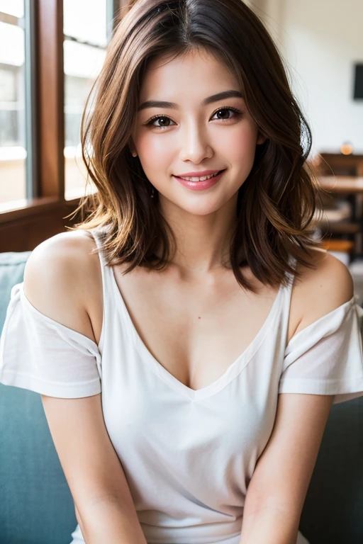 ((highest quality)), ((masterpiece)), (Familiar), Perfect Face, masterpiece、highest quality、High resolution、wallpaper、Realistic、Bright lighting、Professional Lighting、Face Light、Smooth lighting、Japanese women、20th Gen Midplate、so beautiful、Beautiful Skin、Beautiful and detailed、Familiar顔、slim、moderately、short hair、Brunette colored hair、Brown eyes、Looking at the camera、Cafe sofa、 commercial photography, Beautiful Instagram Influencer Girls, The best smile,Daytime、V-neck T-shirt