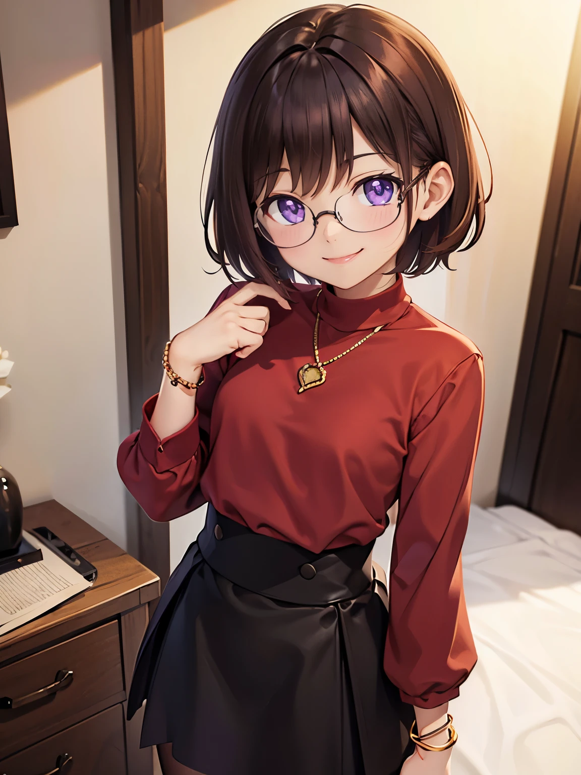 Purple eyes, red shirt, long sleeves, brown tights, black skirt, short, short hair, brown hair, no chest, bracelet, room, black glasses, smile, sfw, standing