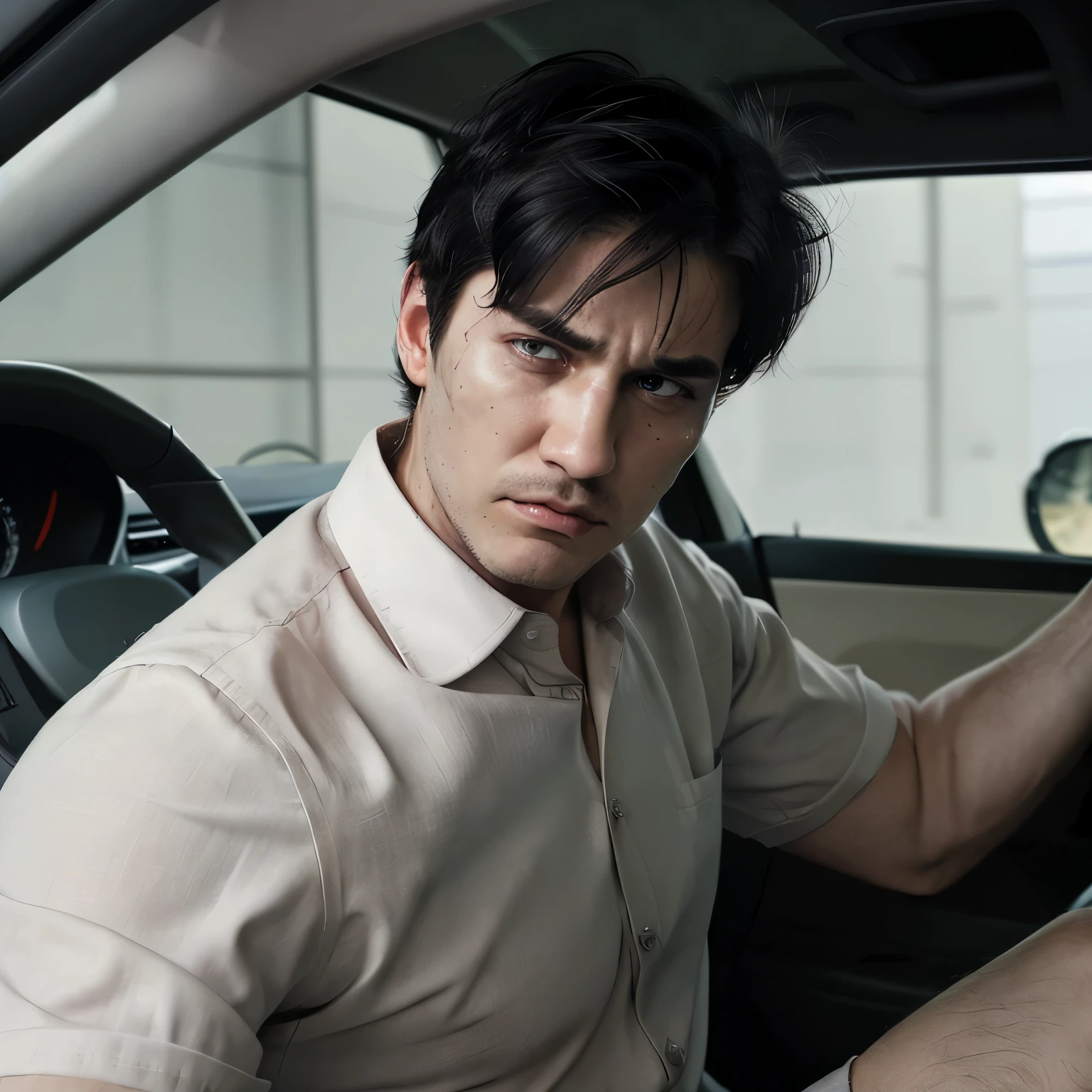 a man with office shirt and his sleeve rolled up, he drive in his car in the middle of the night. he have annoyance expression with slight rage and his eyes was sharp but his skin is white and handsome face with smooth skin and his hair is black with casual short hairstyles kinda messy