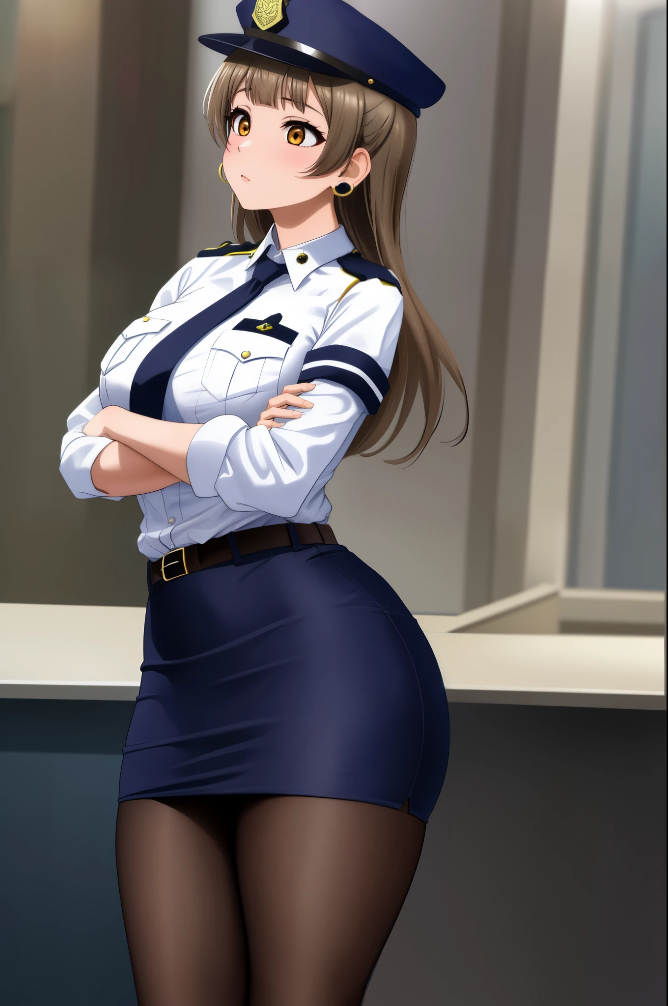 Masterpiece, best quality, slightly from side,(detailed face), minami kotori, curvy body ,white shirt,half sleeves,earrings, pencil skirt, necktie , standing, crossed arms,police cap,in police station, cowboy shot, thighs, wide hips , solo ,belt, pantyhose , skin tight  