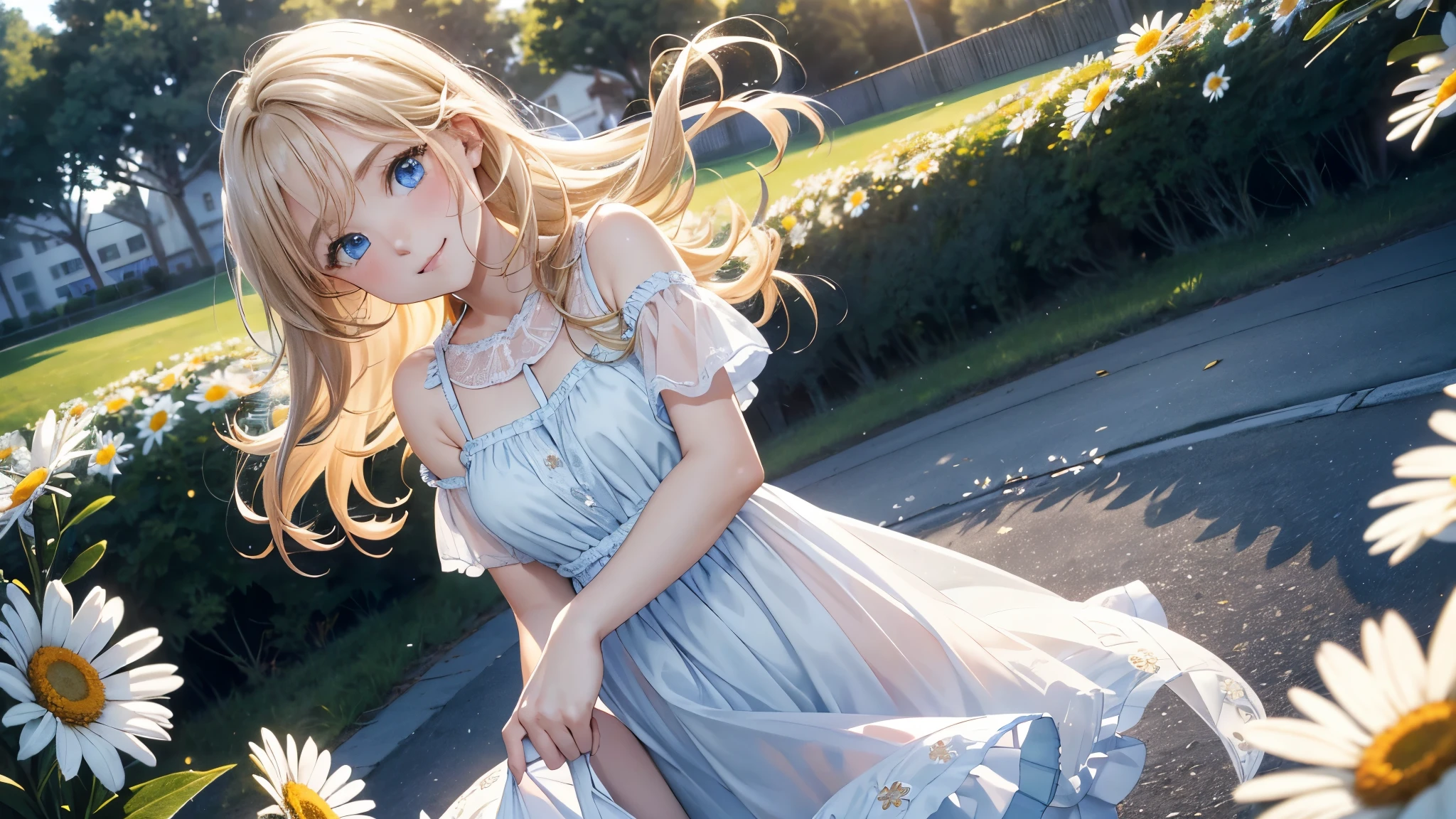 Highest quality 8K resolution,Realistic, Vibrant colors, Soft tones, With warm and gentle lighting, smiles at you, invites you, The girl is happy to see you, smiles at you, (Smooth straight blonde hair:1.2),(Hair parted in the middle:1.2),(Glowing hair),(Deep Blue Eyes:1.3),looking at the camera, slight smile, Girl walking in town, (Nostalgic atmosphere),Cool morning clouds are calm and peaceful,She walks in a field of daisies, The tree々Gentle sunlight illuminates the space,Like multicolored glass, semi-sheer dress, gentle sunlight,Soft breeze,Delicate flowers,Butterflies flutter by,Mesmerizing natural beauty,Fragments of Shining Stars,Autumn breeze carrying farewell,