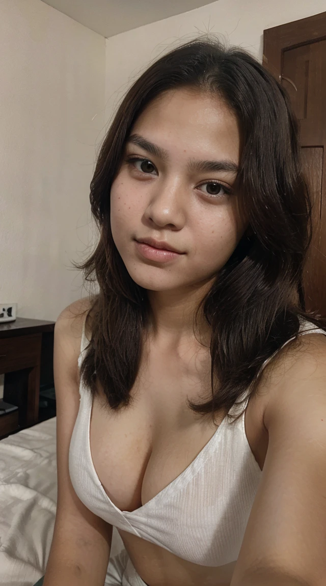 realistic, ultra detailed, selfie photo display, taken selfie, a  girl, wearing an Indonesian high , beautiful face, sweet face, hands 1:3, sexy expression, showing cleavage, in the room, on the bed ,