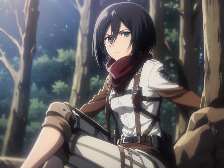 aot style, shingeki no kyojin, mikasa ackerman, 1girl, solo, sitting on a tree, posing sexy, whole body, bare legs stretched, both bare feet, breasts, cowboy shot, embers, green eyes, grey background, hair between eyes, bangs, black hair, harness, white shirt, looking at viewer, medium breasts, panties, red scarf, scarf, shirt, short hair, thigh strap, white shirt, ((masterpiece)), best quality, 